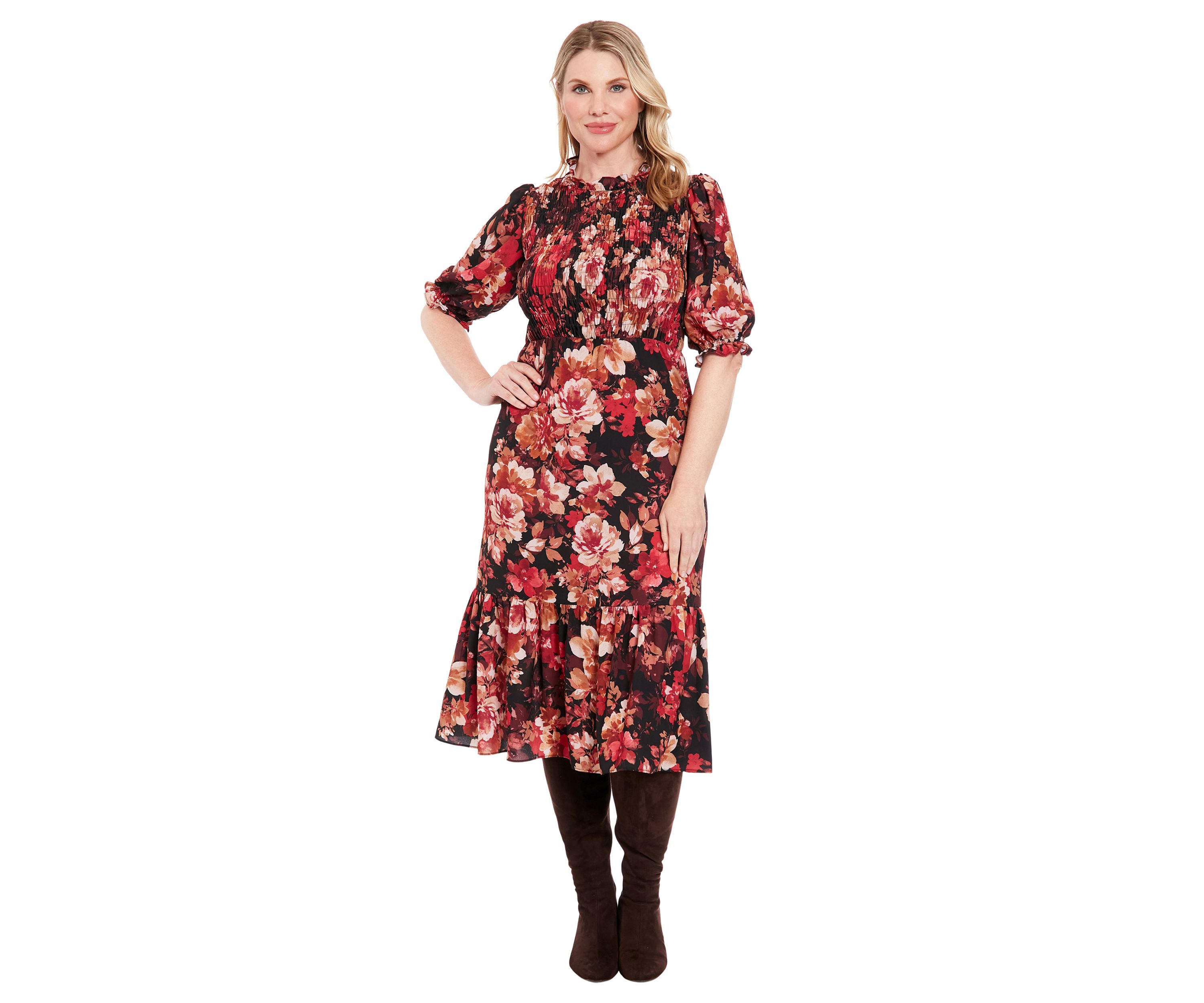 Womens Printed Bubble Crepe Smocked Bodice Tiered Midi Dress