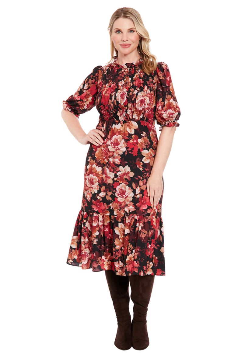 Womens Printed Bubble Crepe Smocked Bodice Tiered Midi Dress