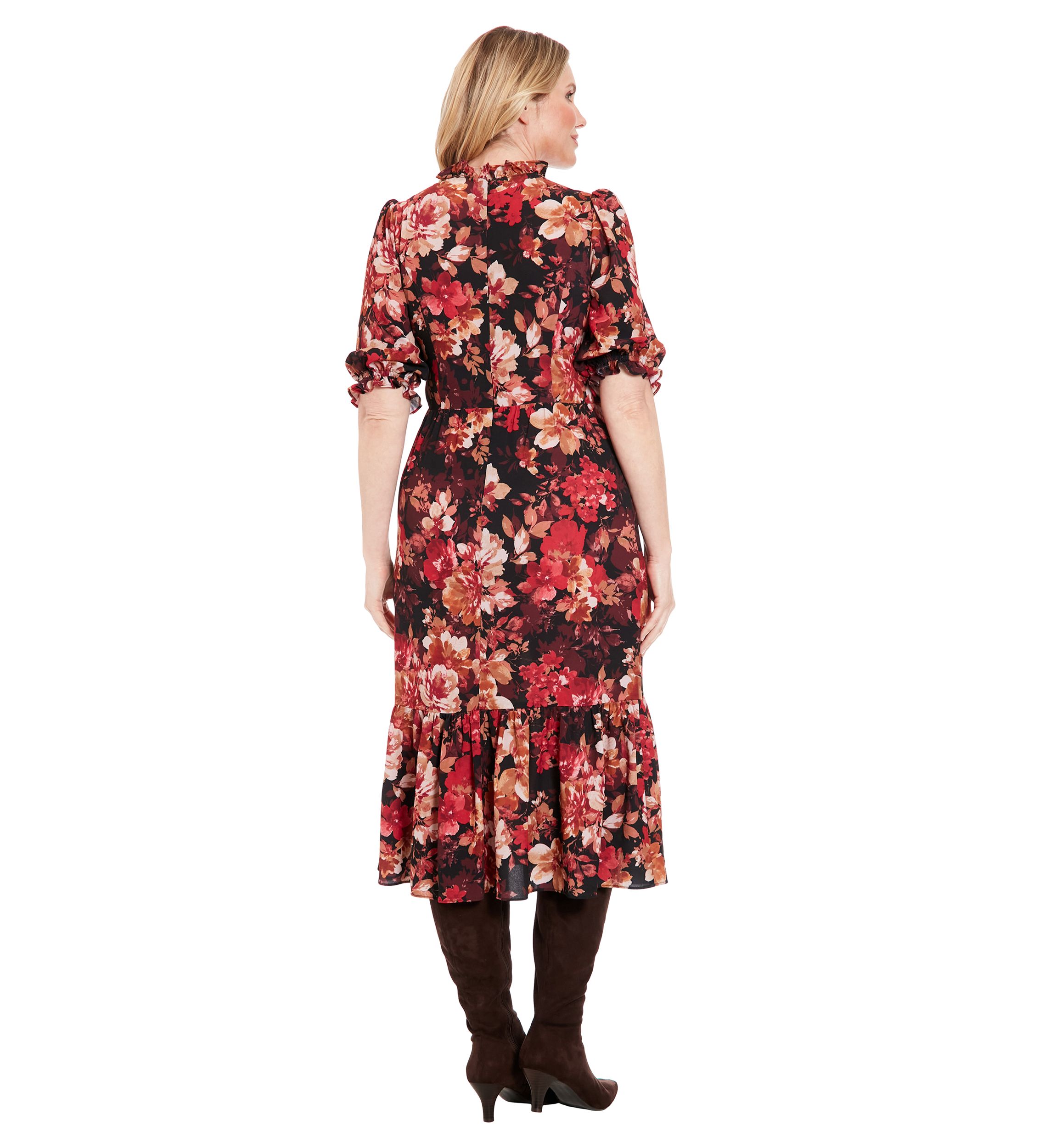 Womens Printed Bubble Crepe Smocked Bodice Tiered Midi Dress