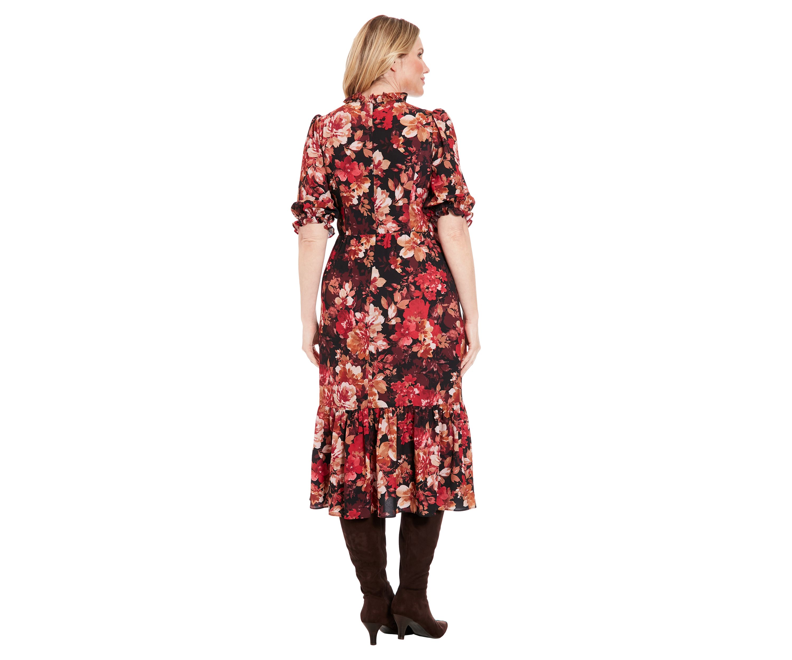 Womens Printed Bubble Crepe Smocked Bodice Tiered Midi Dress