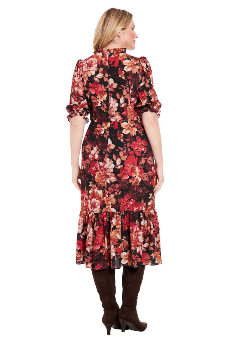 Womens Printed Bubble Crepe Smocked Bodice Tiered Midi Dress