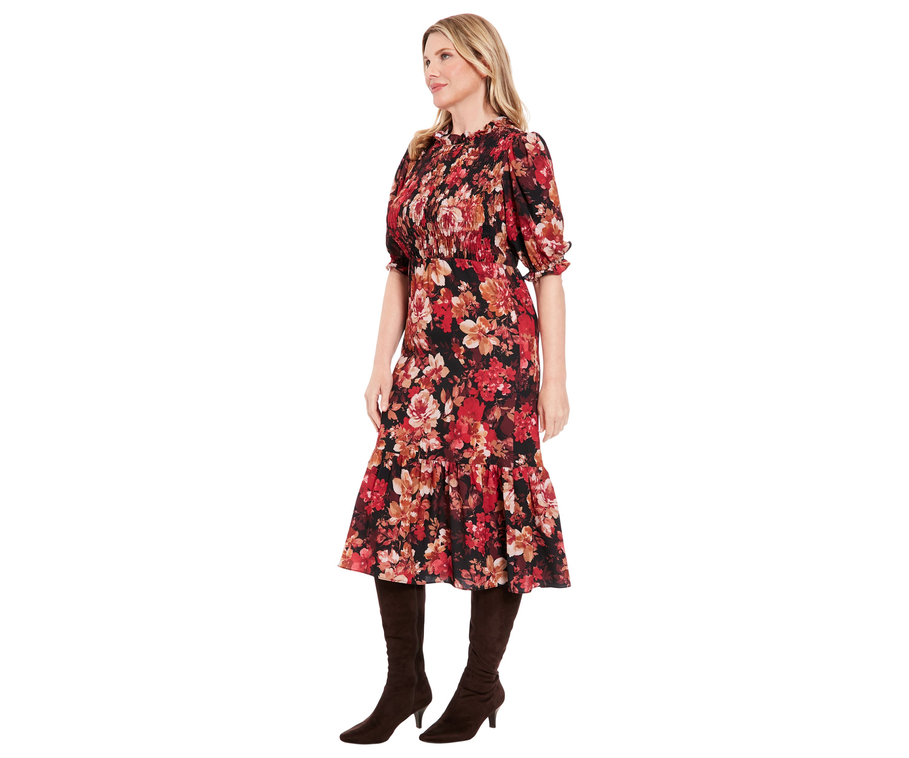 Womens Printed Bubble Crepe Smocked Bodice Tiered Midi Dress