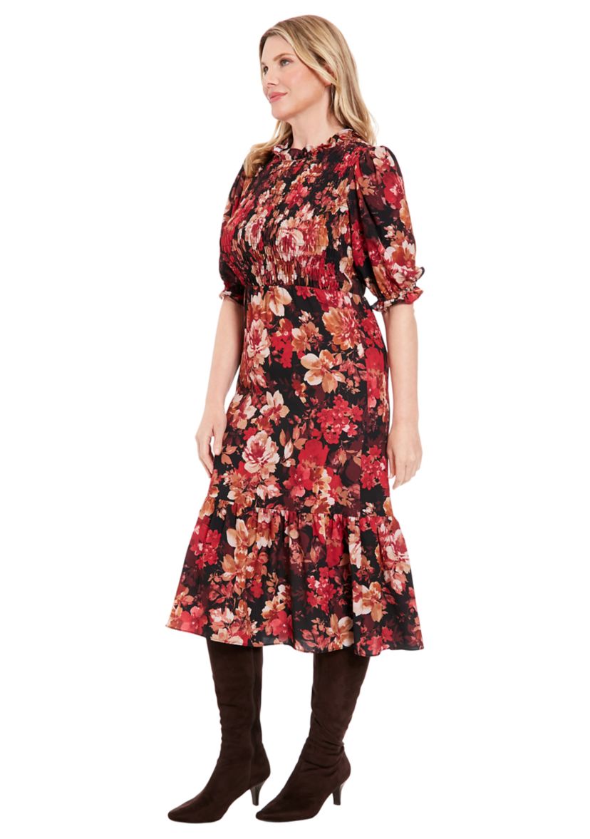 Womens Printed Bubble Crepe Smocked Bodice Tiered Midi Dress