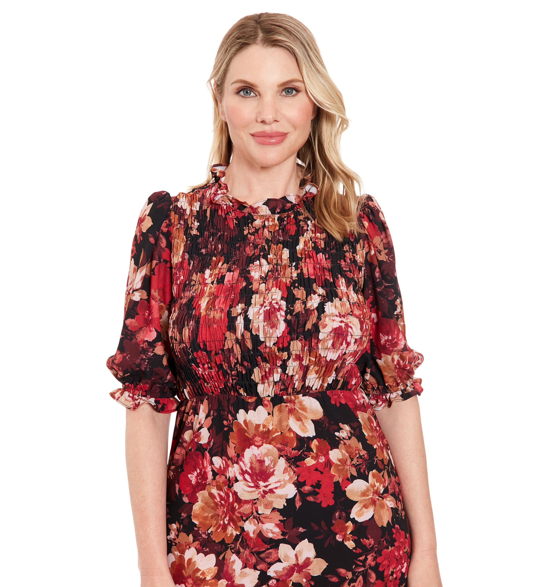 Womens Printed Bubble Crepe Smocked Bodice Tiered Midi Dress