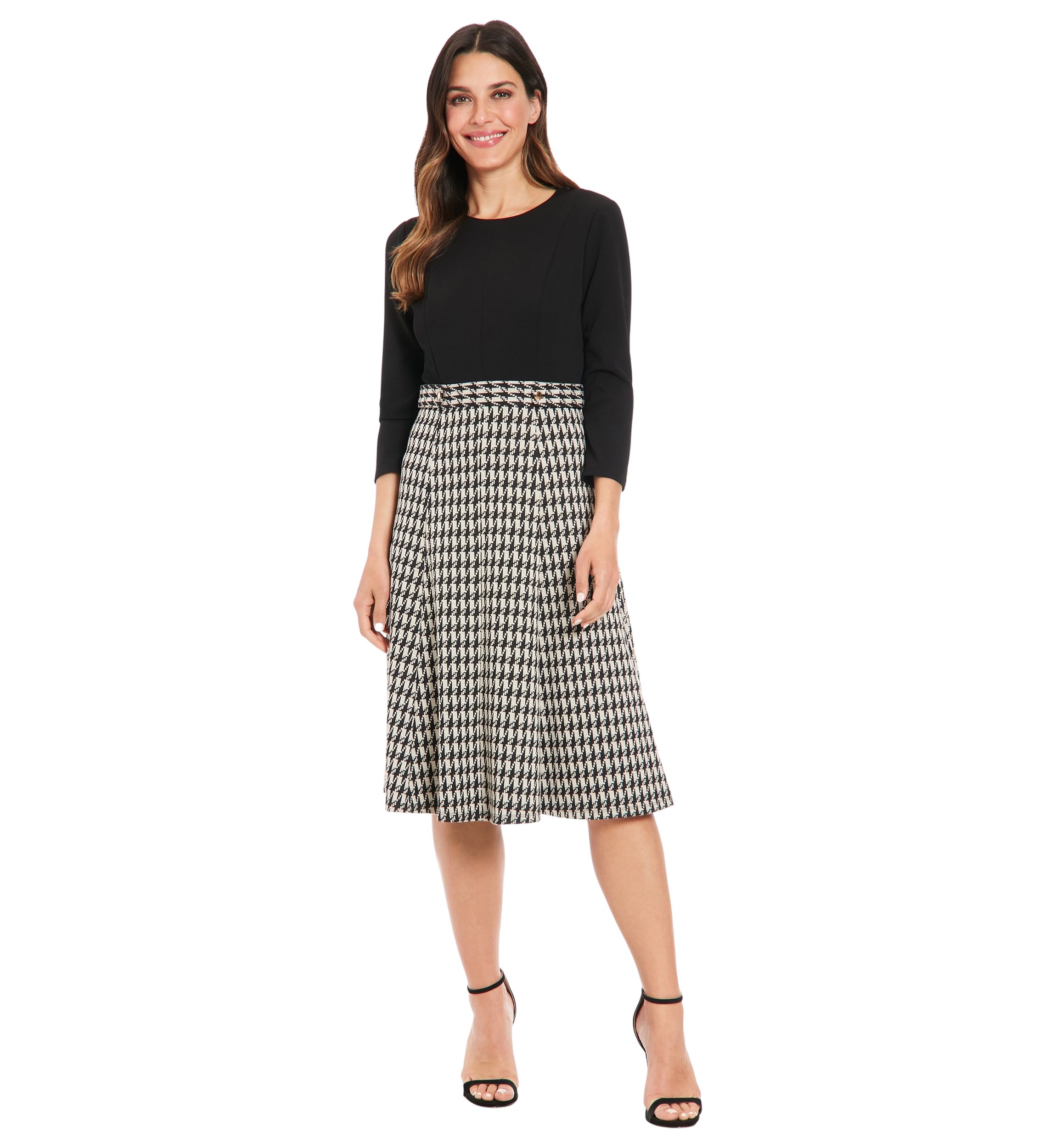 Womens Solid Scuba Crepe Long Sleeve Midi Dress with Digital Houndstooth Skirt