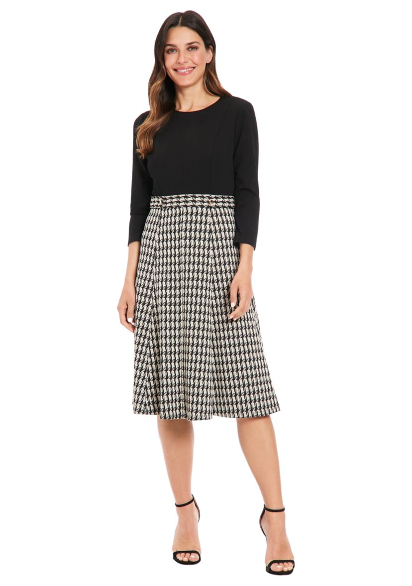Womens Solid Scuba Crepe Long Sleeve Midi Dress with Digital Houndstooth Skirt