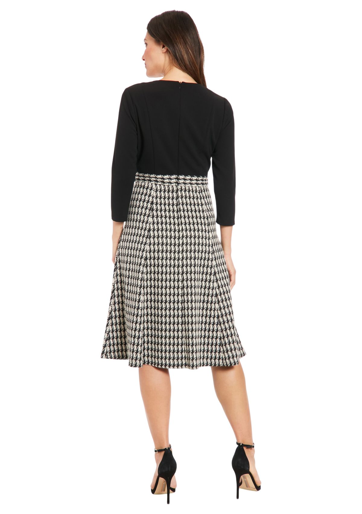 Womens Solid Scuba Crepe Long Sleeve Midi Dress with Digital Houndstooth Skirt