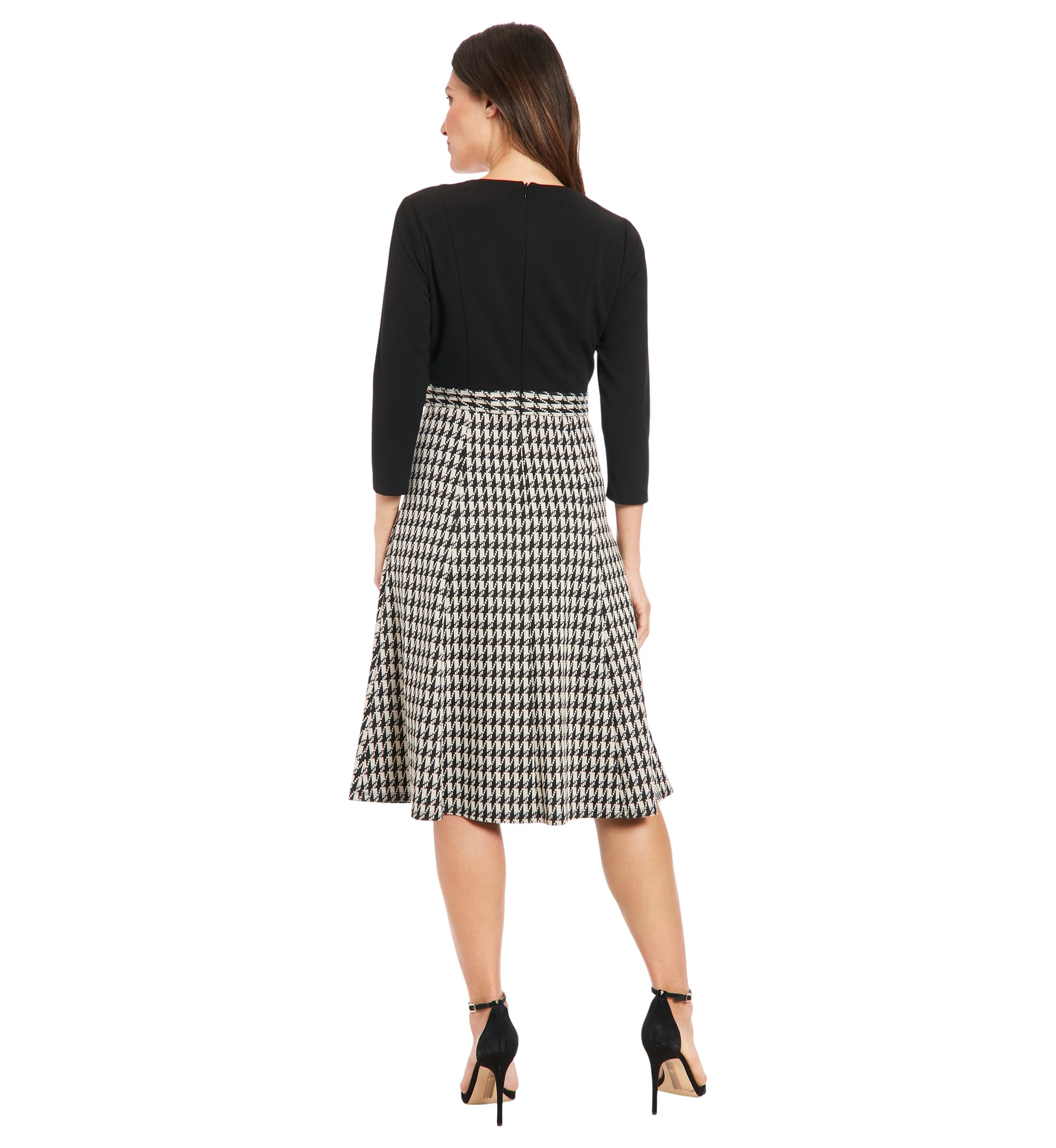 Womens Solid Scuba Crepe Long Sleeve Midi Dress with Digital Houndstooth Skirt
