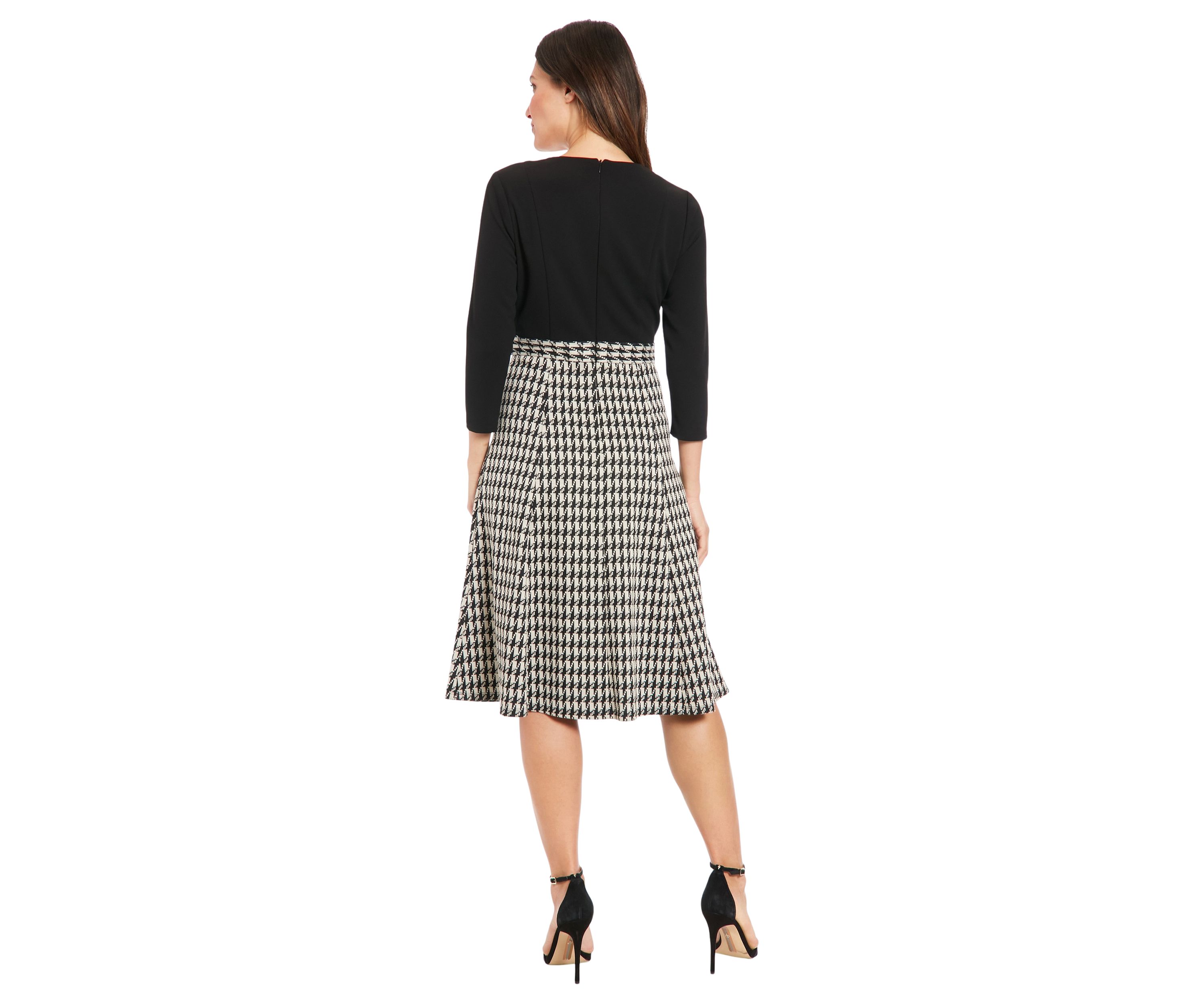 Womens Solid Scuba Crepe Long Sleeve Midi Dress with Digital Houndstooth Skirt