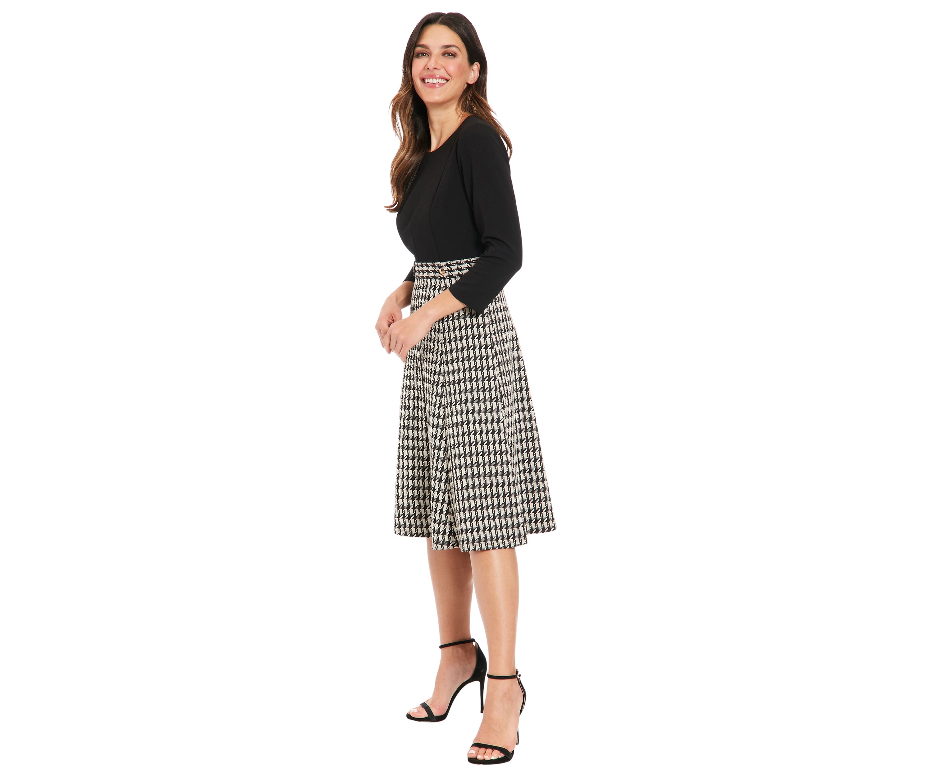 Womens Solid Scuba Crepe Long Sleeve Midi Dress with Digital Houndstooth Skirt