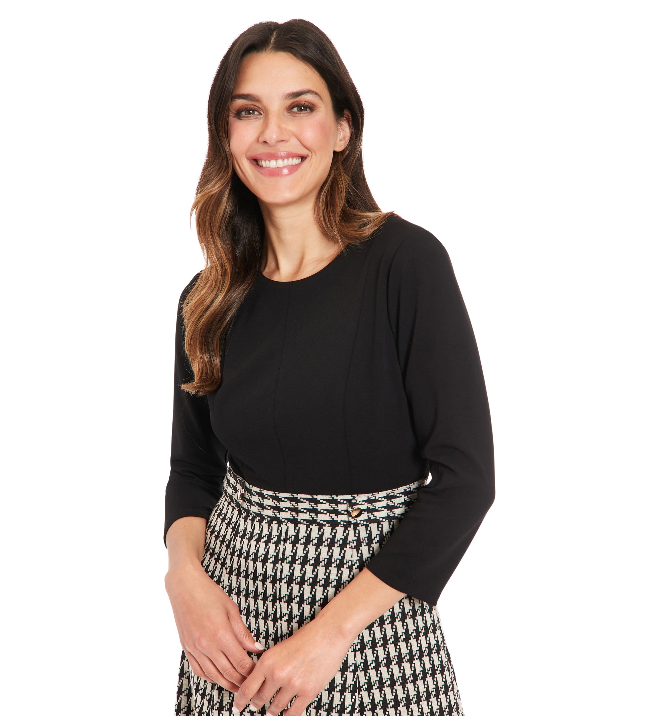 Womens Solid Scuba Crepe Long Sleeve Midi Dress with Digital Houndstooth Skirt
