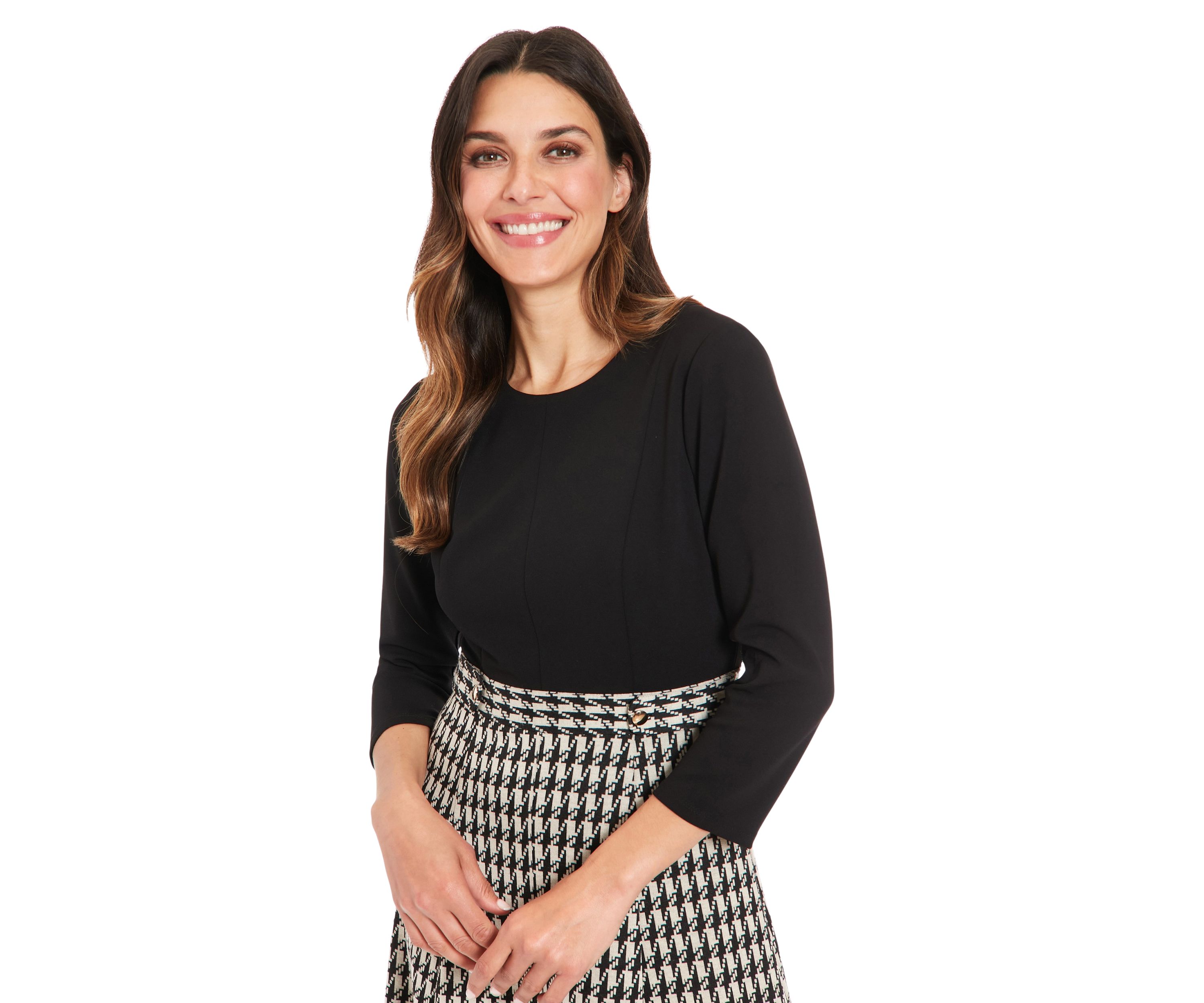 Womens Solid Scuba Crepe Long Sleeve Midi Dress with Digital Houndstooth Skirt