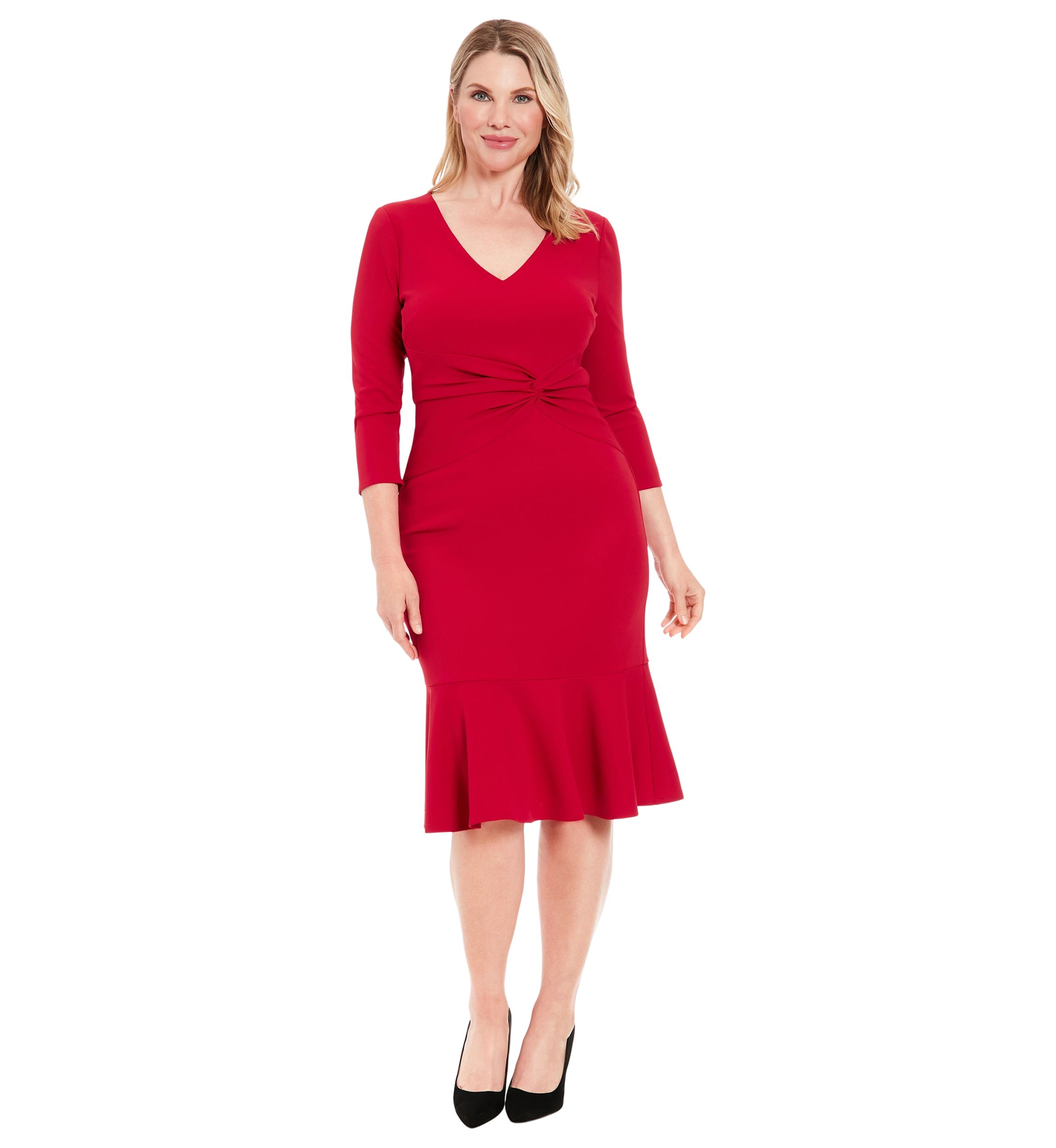 Womens Solid Scuba Crepe V-Neck Side Twist Midi Flounce with 3-4 Slvs