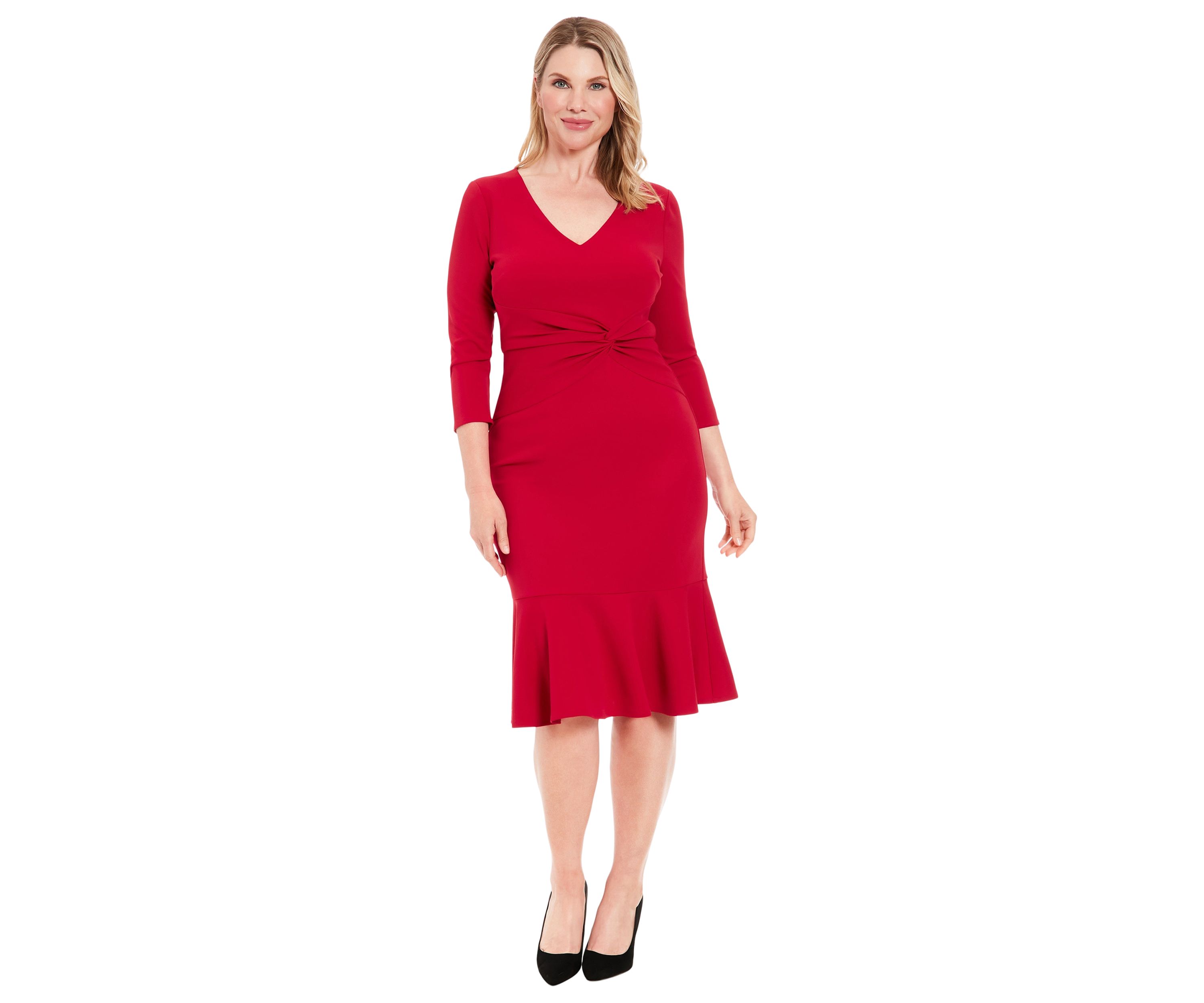 Womens Solid Scuba Crepe V-Neck Side Twist Midi Flounce with 3-4 Slvs