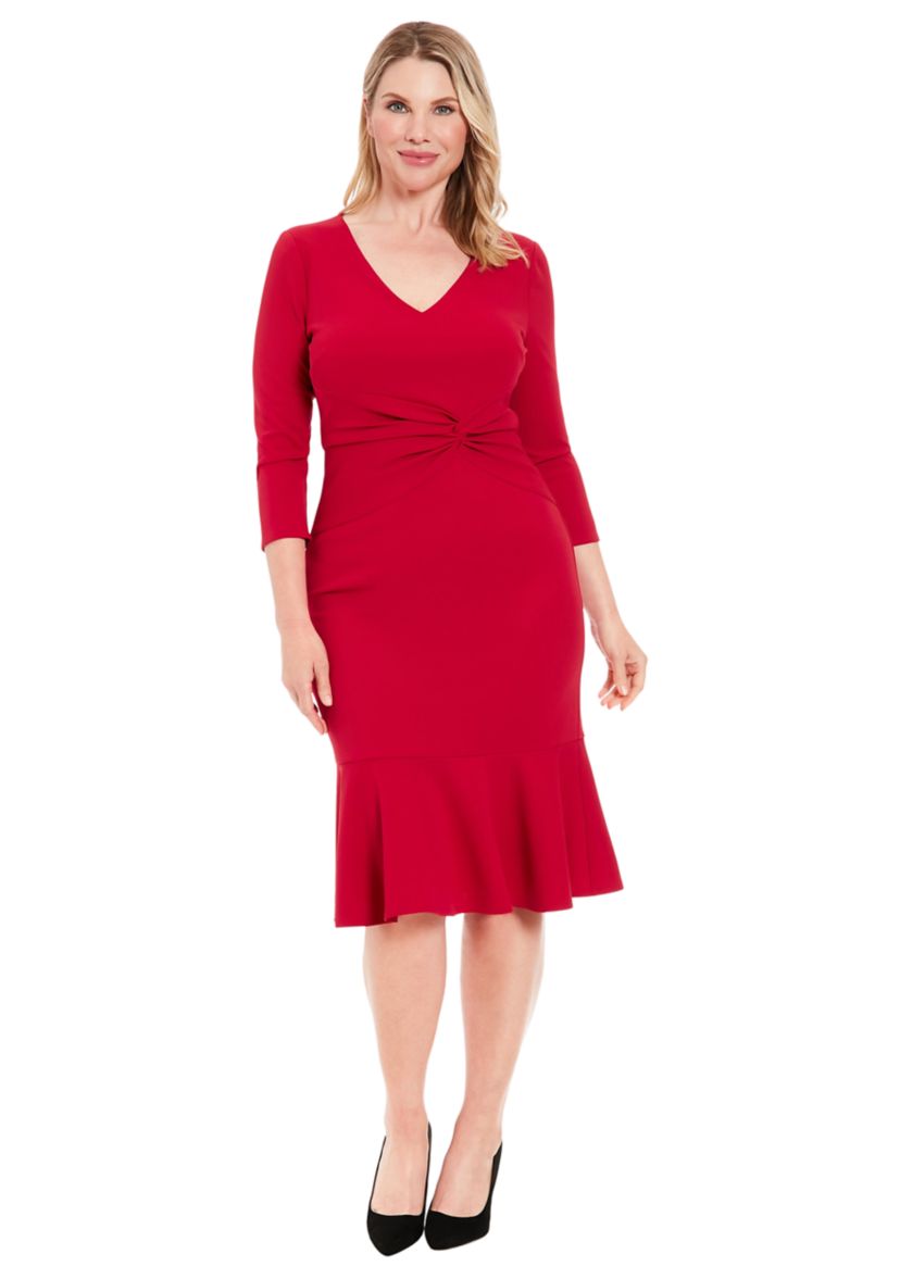 Womens Solid Scuba Crepe V-Neck Side Twist Midi Flounce with 3-4 Slvs