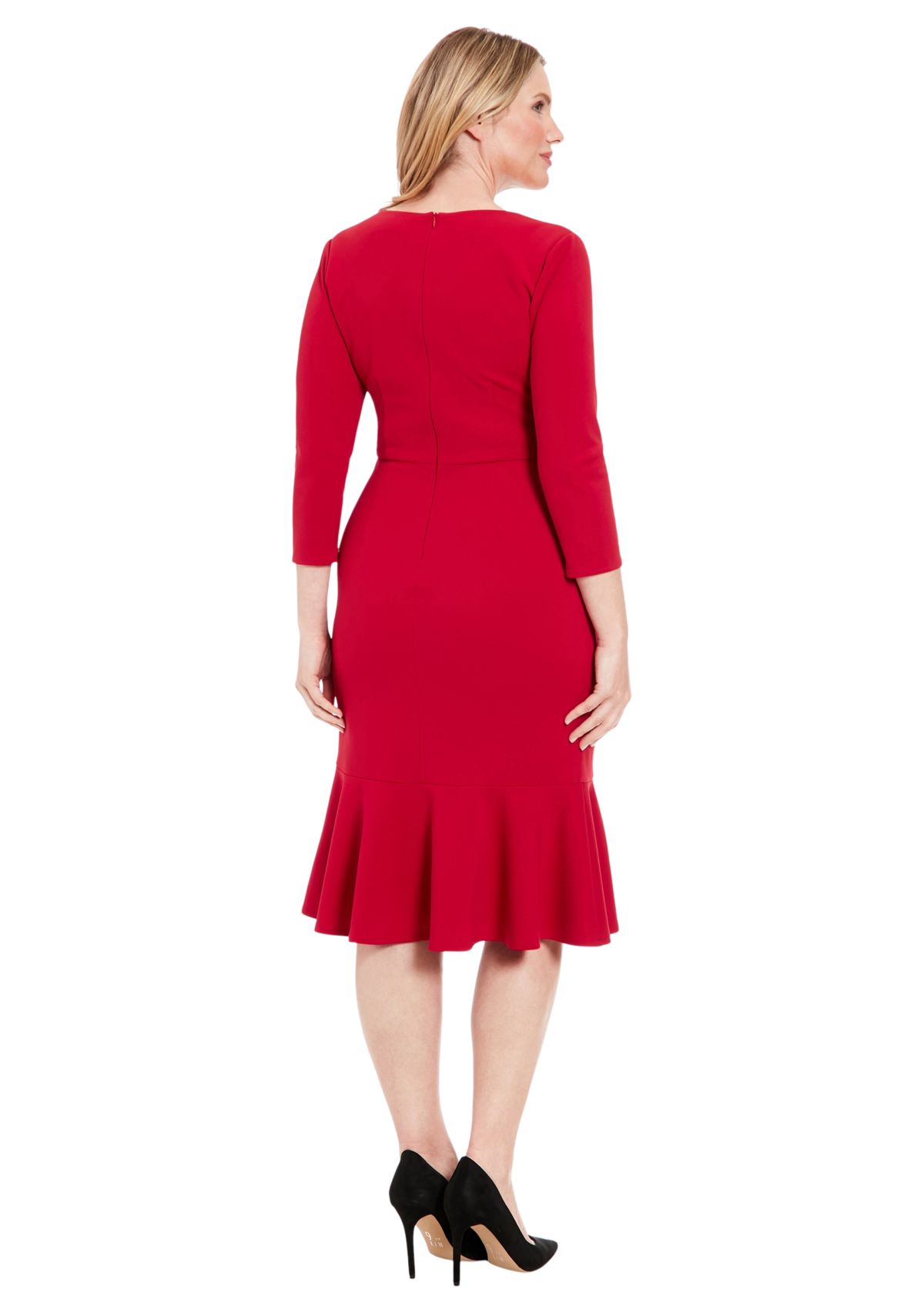 Womens Solid Scuba Crepe V-Neck Side Twist Midi Flounce with 3-4 Slvs