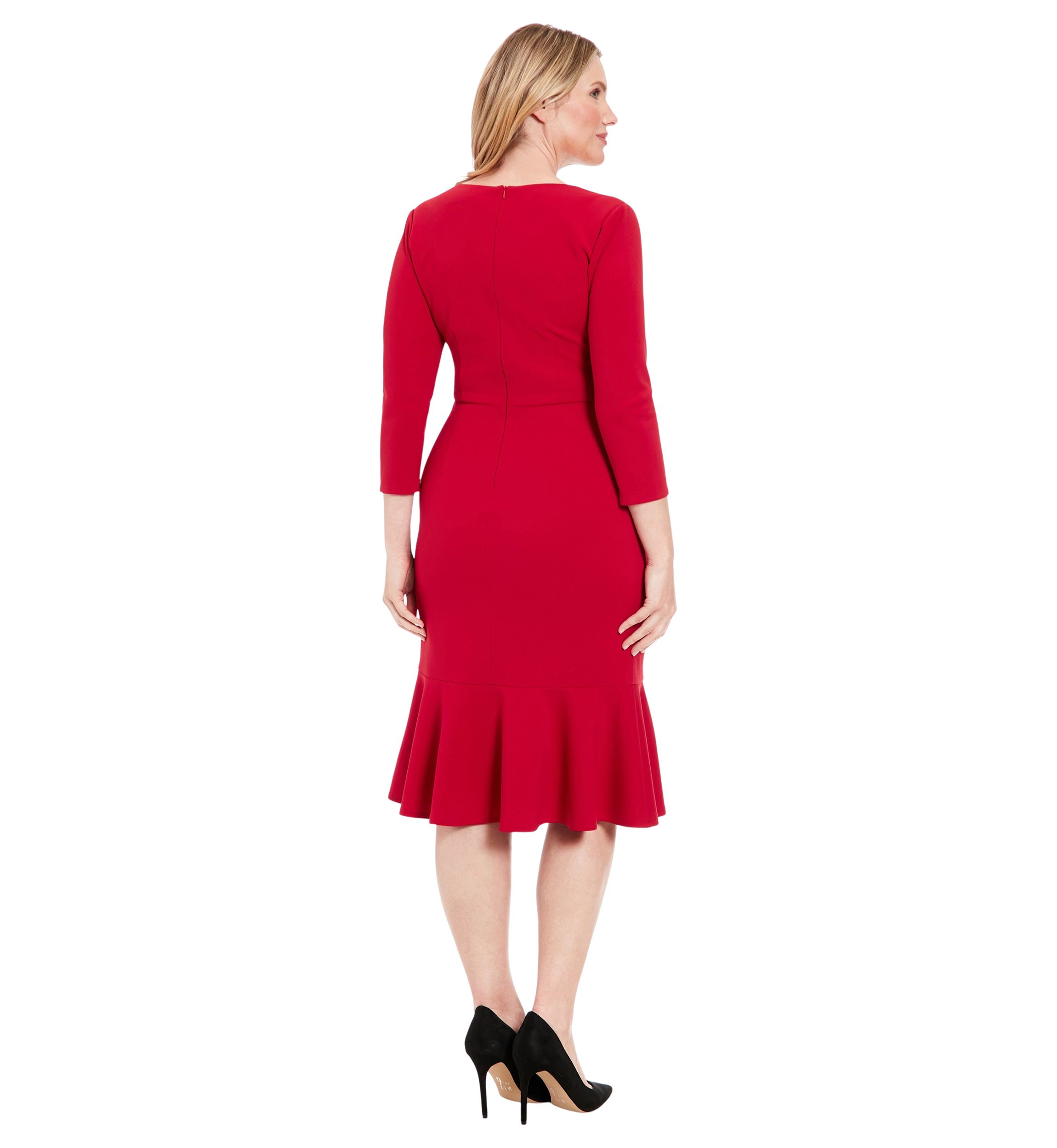 Womens Solid Scuba Crepe V-Neck Side Twist Midi Flounce with 3-4 Slvs