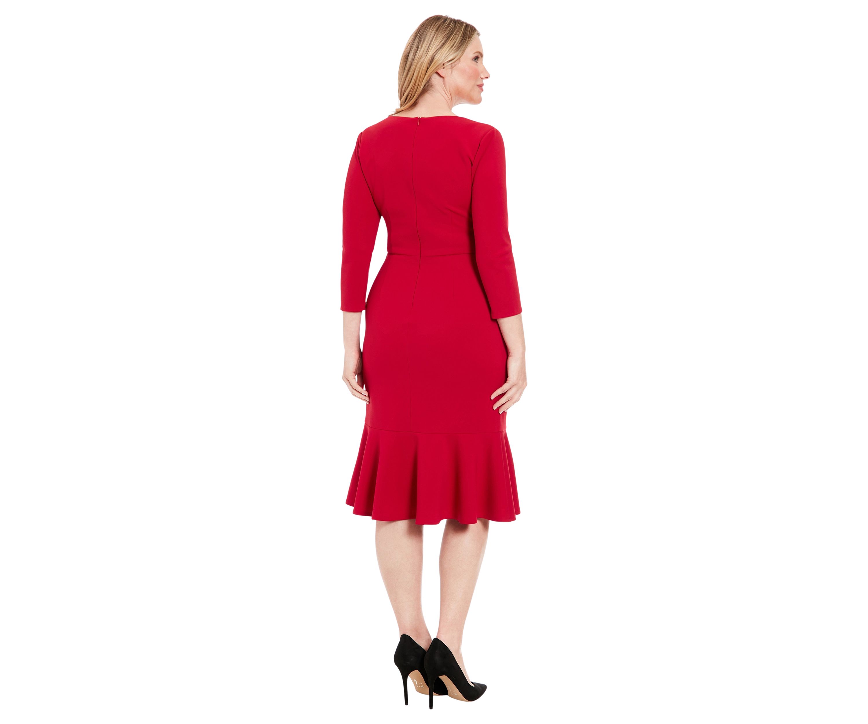 Womens Solid Scuba Crepe V-Neck Side Twist Midi Flounce with 3-4 Slvs