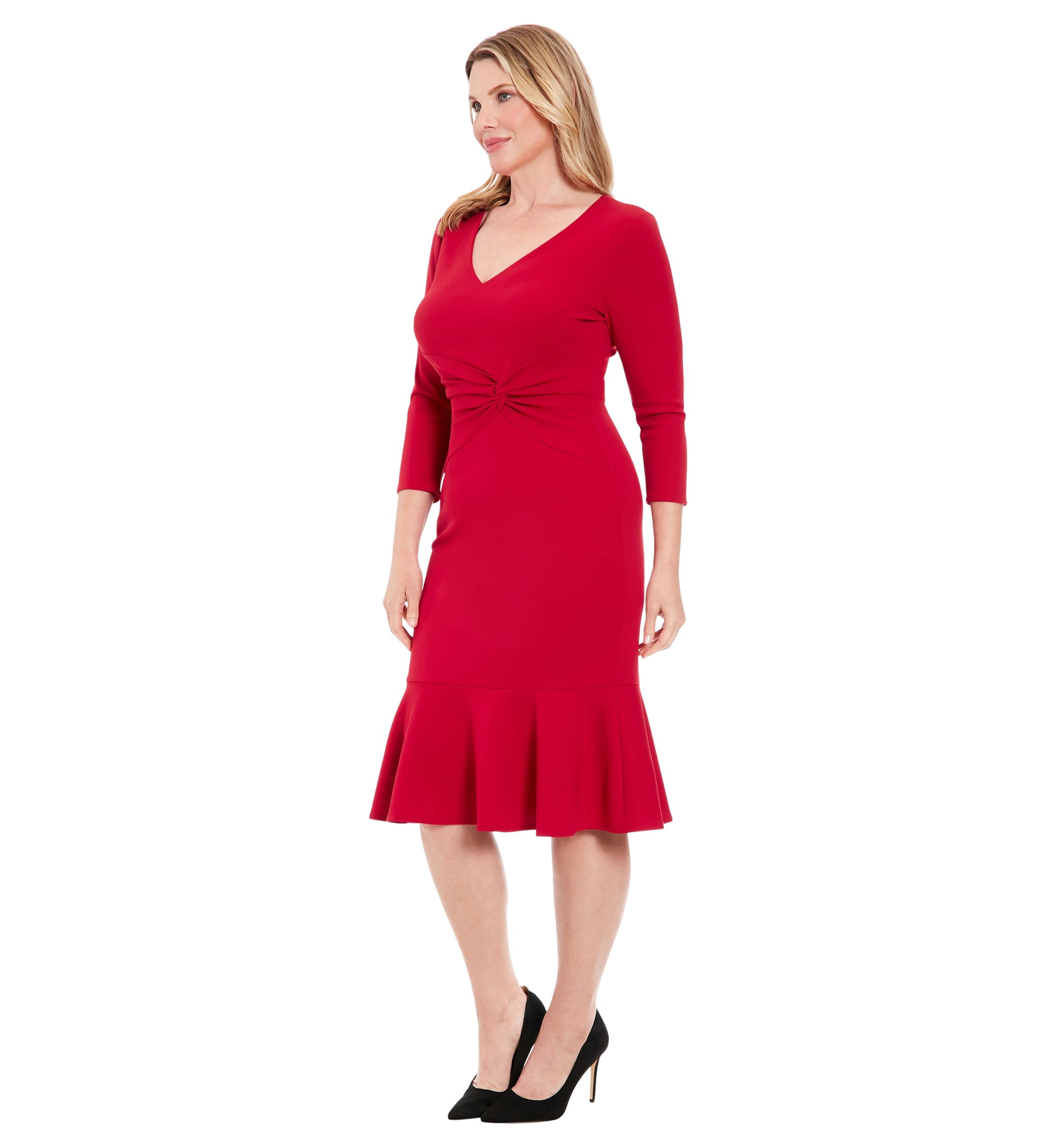 Womens Solid Scuba Crepe V-Neck Side Twist Midi Flounce with 3-4 Slvs