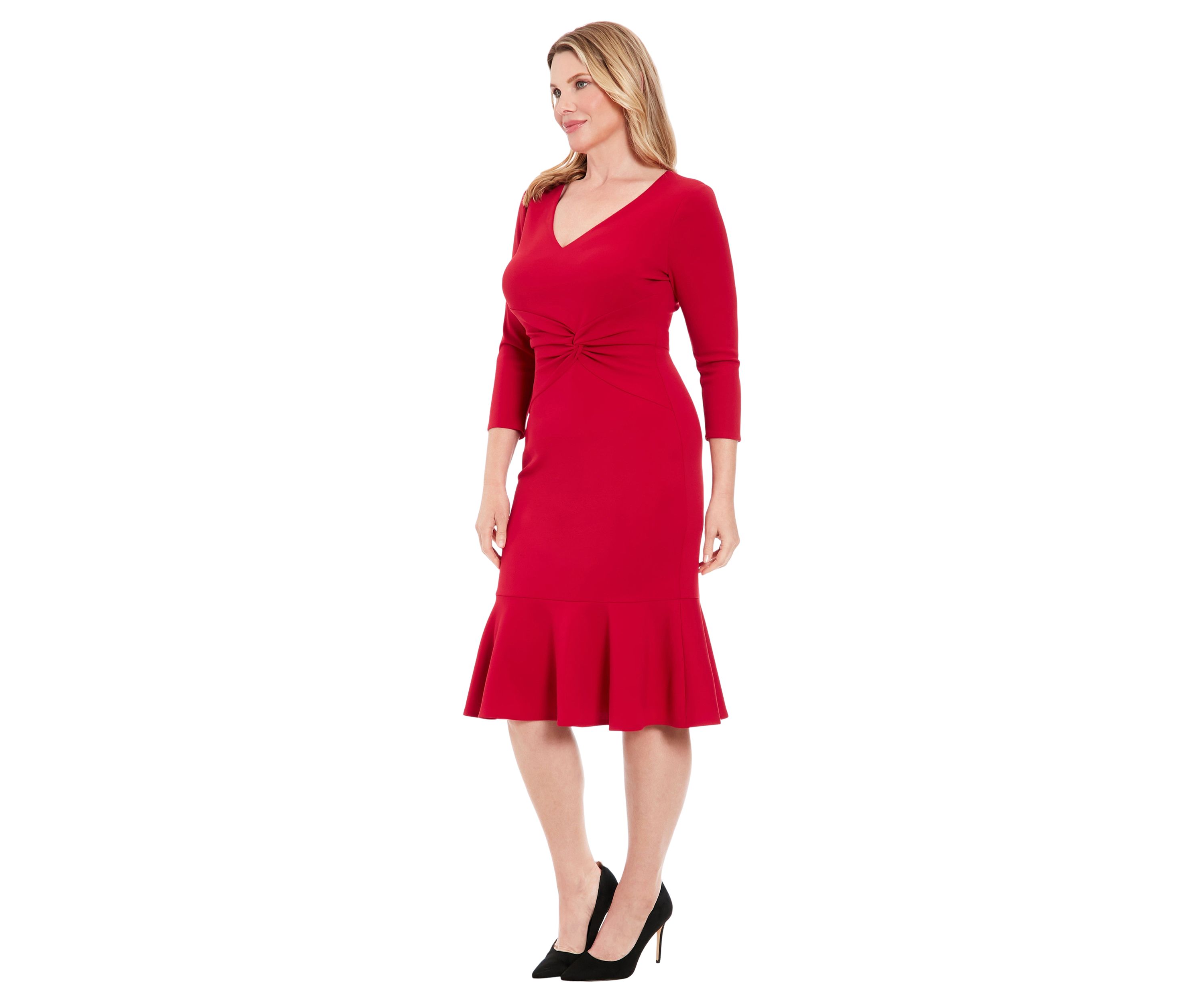 Womens Solid Scuba Crepe V-Neck Side Twist Midi Flounce with 3-4 Slvs
