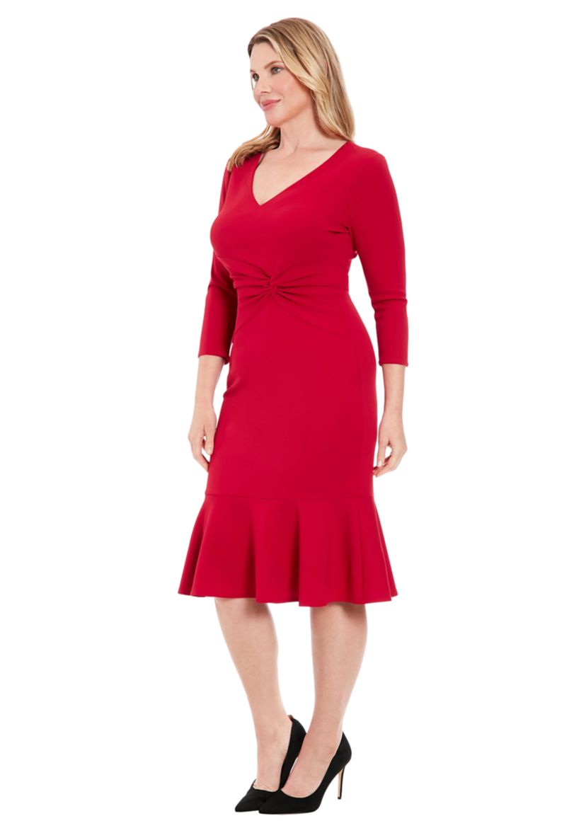 Womens Solid Scuba Crepe V-Neck Side Twist Midi Flounce with 3-4 Slvs