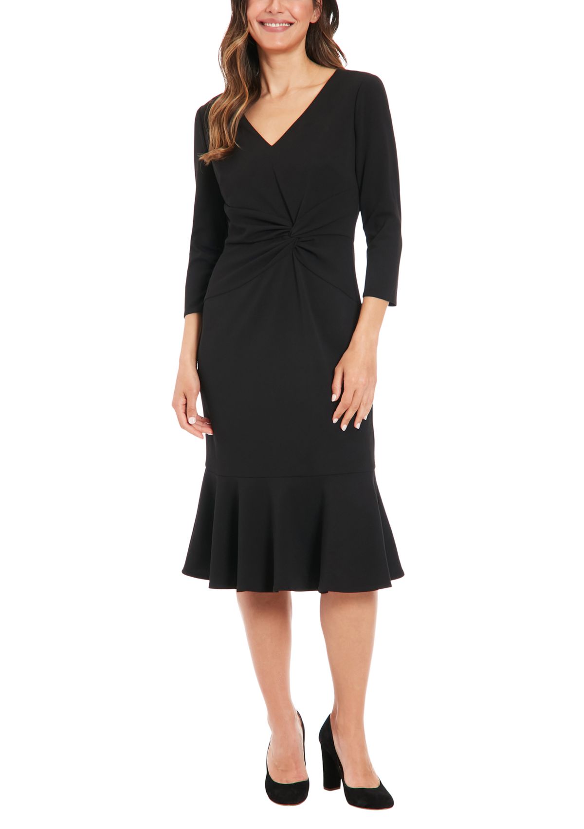 Womens V-Neck Solid Scuba A-Line Dress