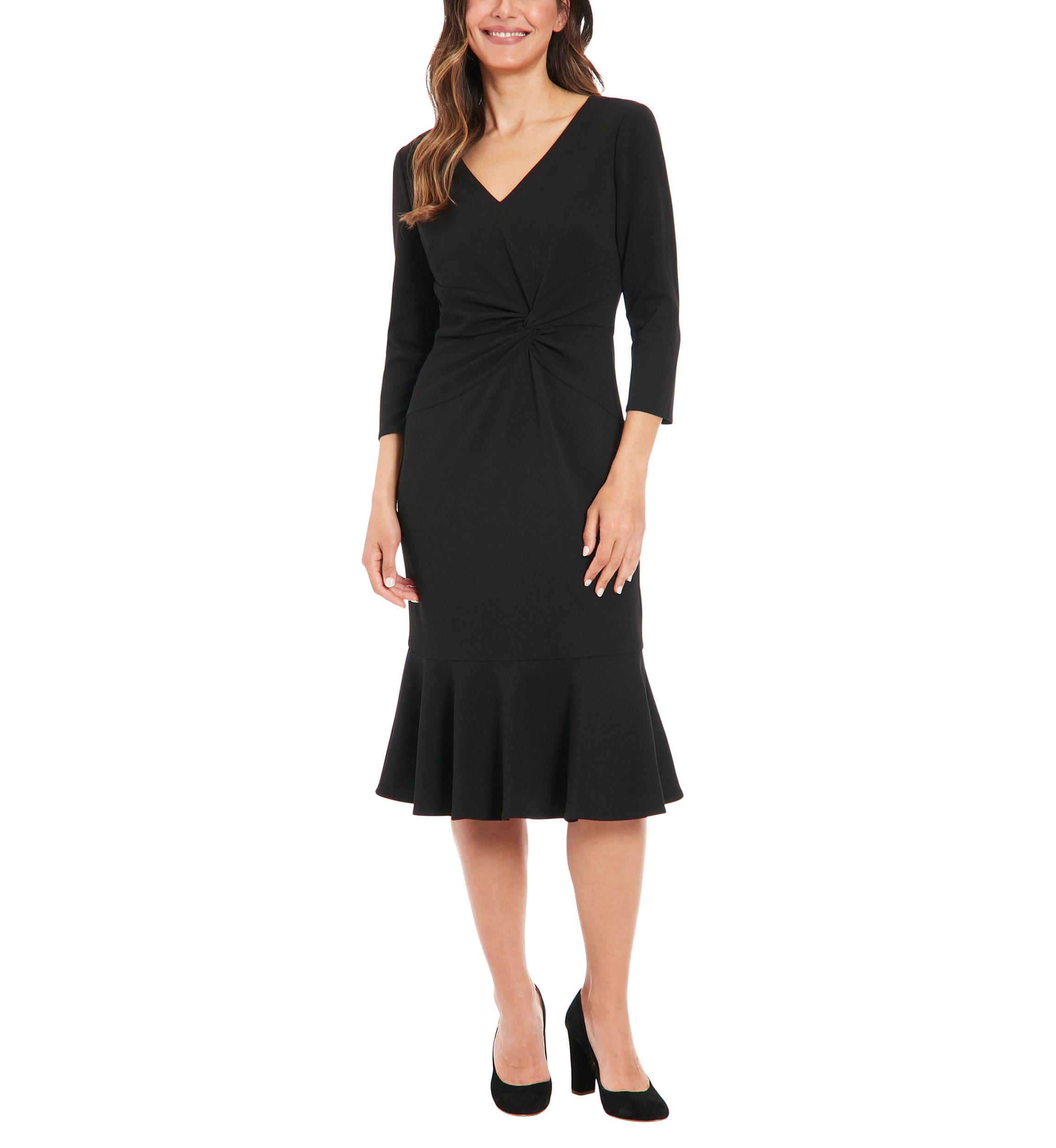Womens V-Neck Solid Scuba A-Line Dress