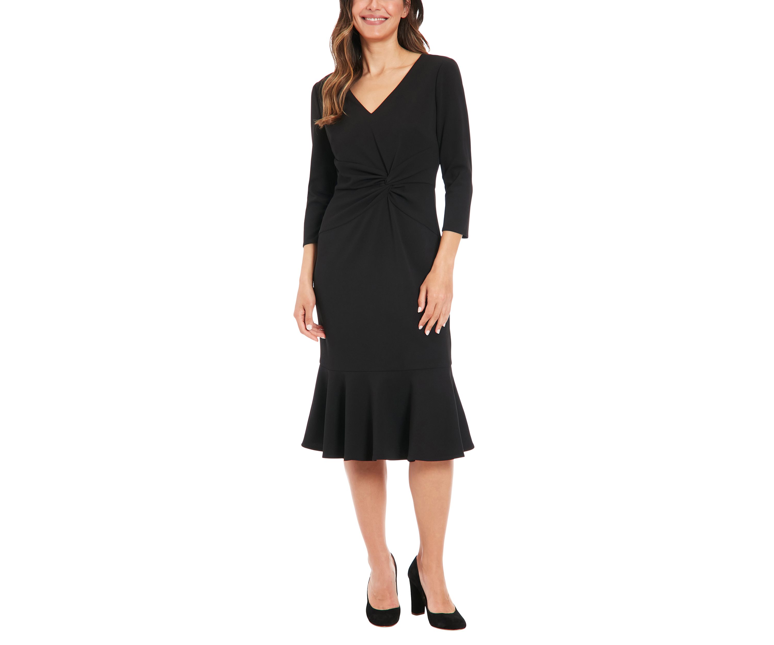 Womens V-Neck Solid Scuba A-Line Dress