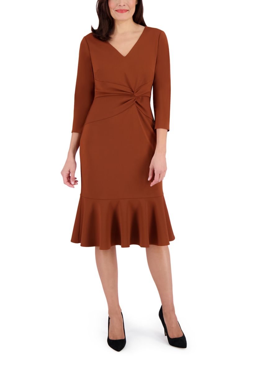 Womens V-Neck Solid Scuba A-Line Dress