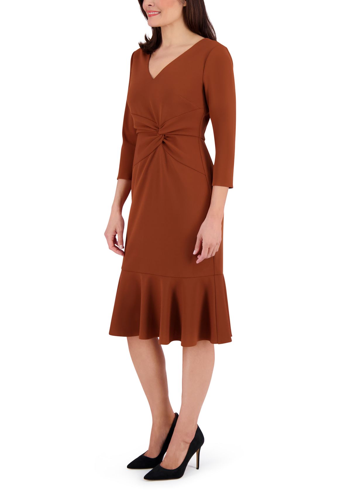 Womens V-Neck Solid Scuba A-Line Dress
