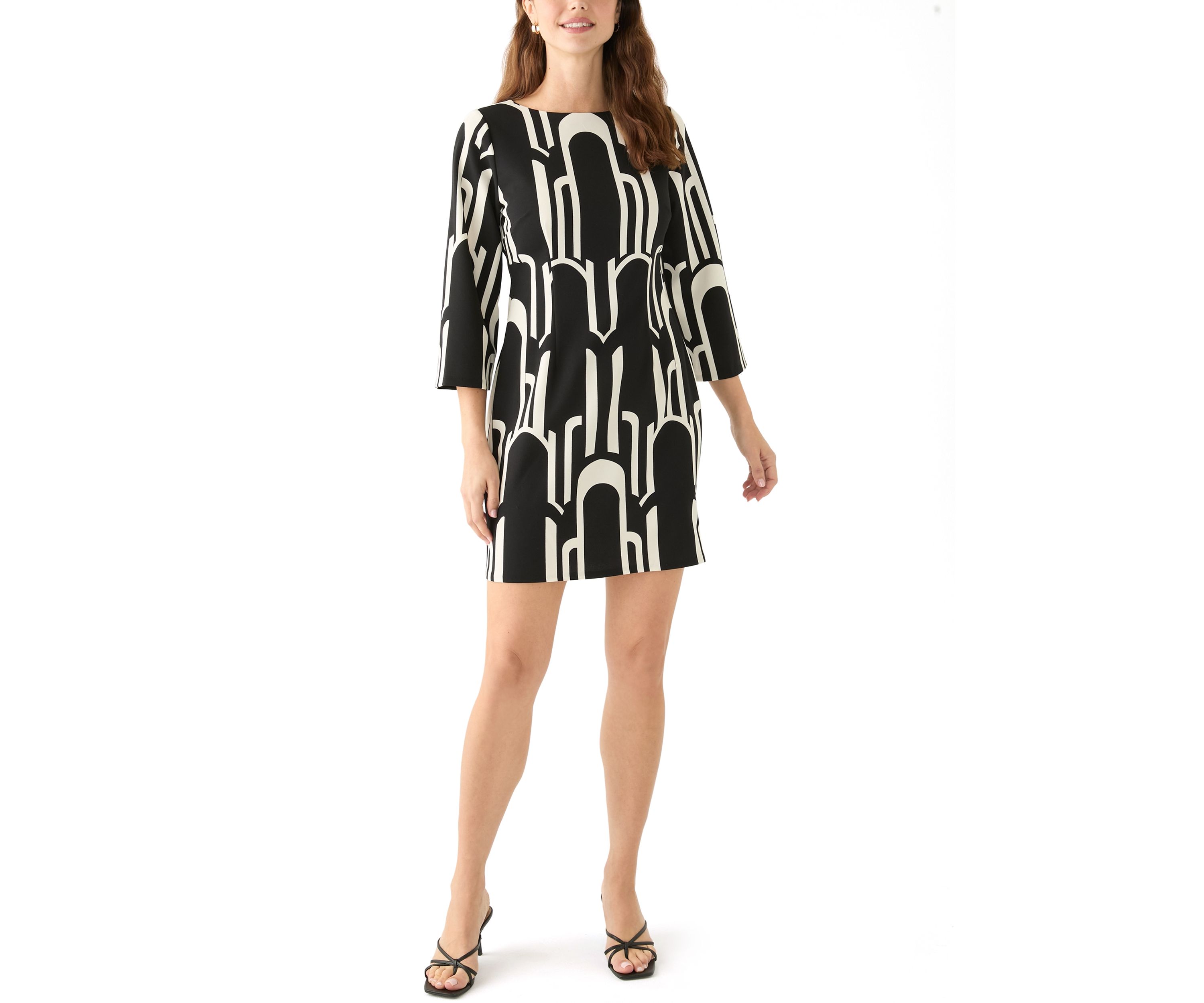 Womens 3/4 Sleeve Crew Neck Printed Satin Fit and Flare Dress