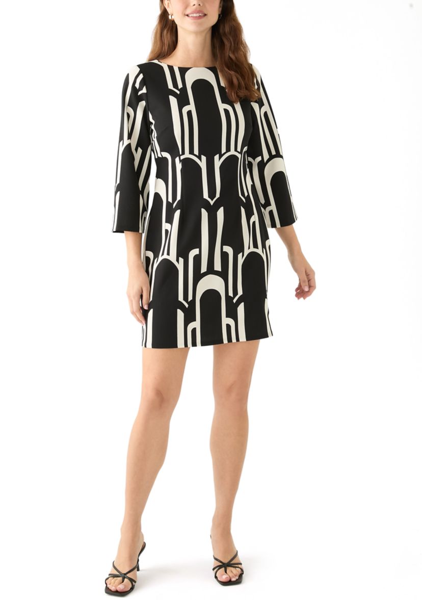 Womens 3/4 Sleeve Crew Neck Printed Satin Fit and Flare Dress