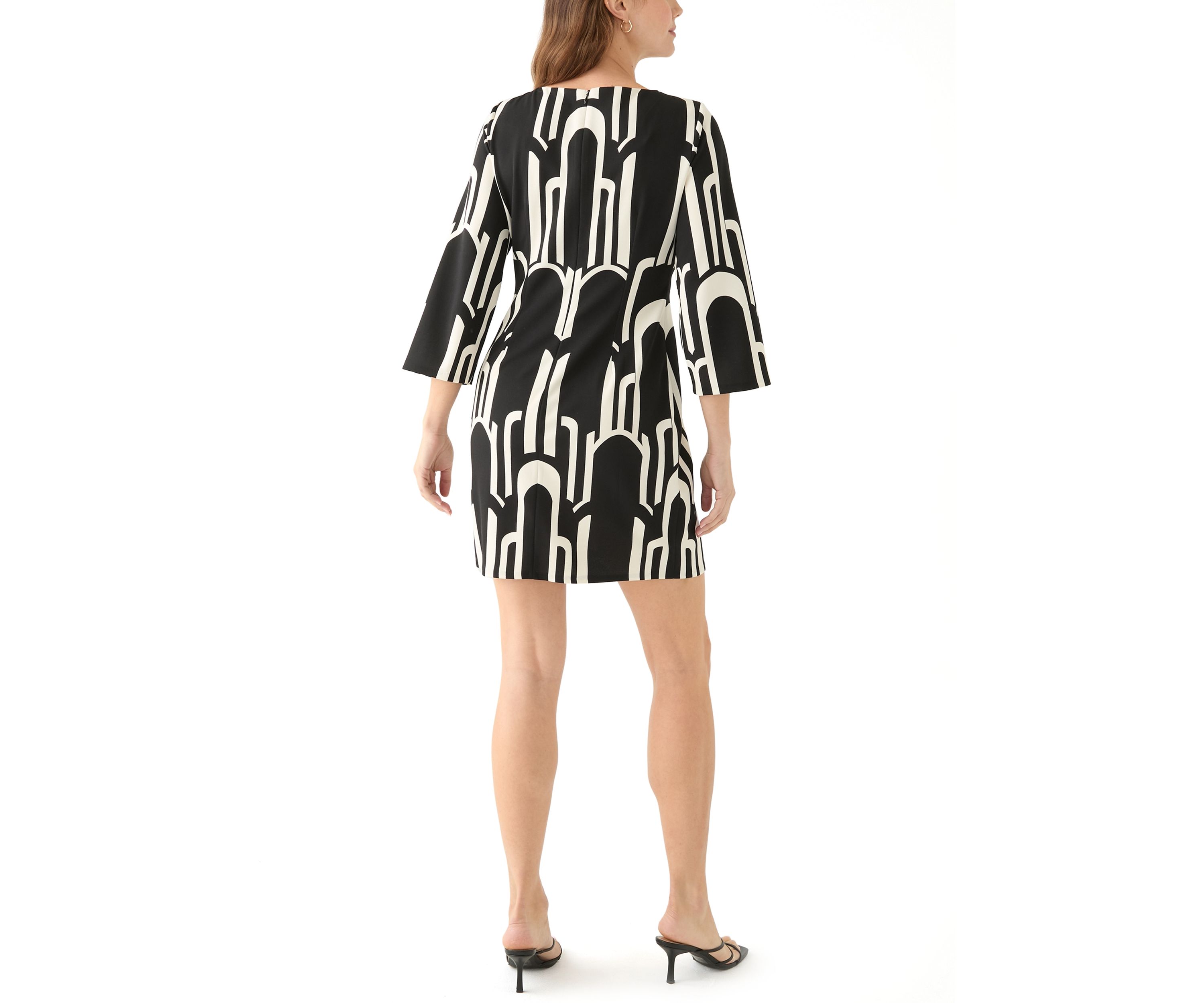 Womens 3/4 Sleeve Crew Neck Printed Satin Fit and Flare Dress