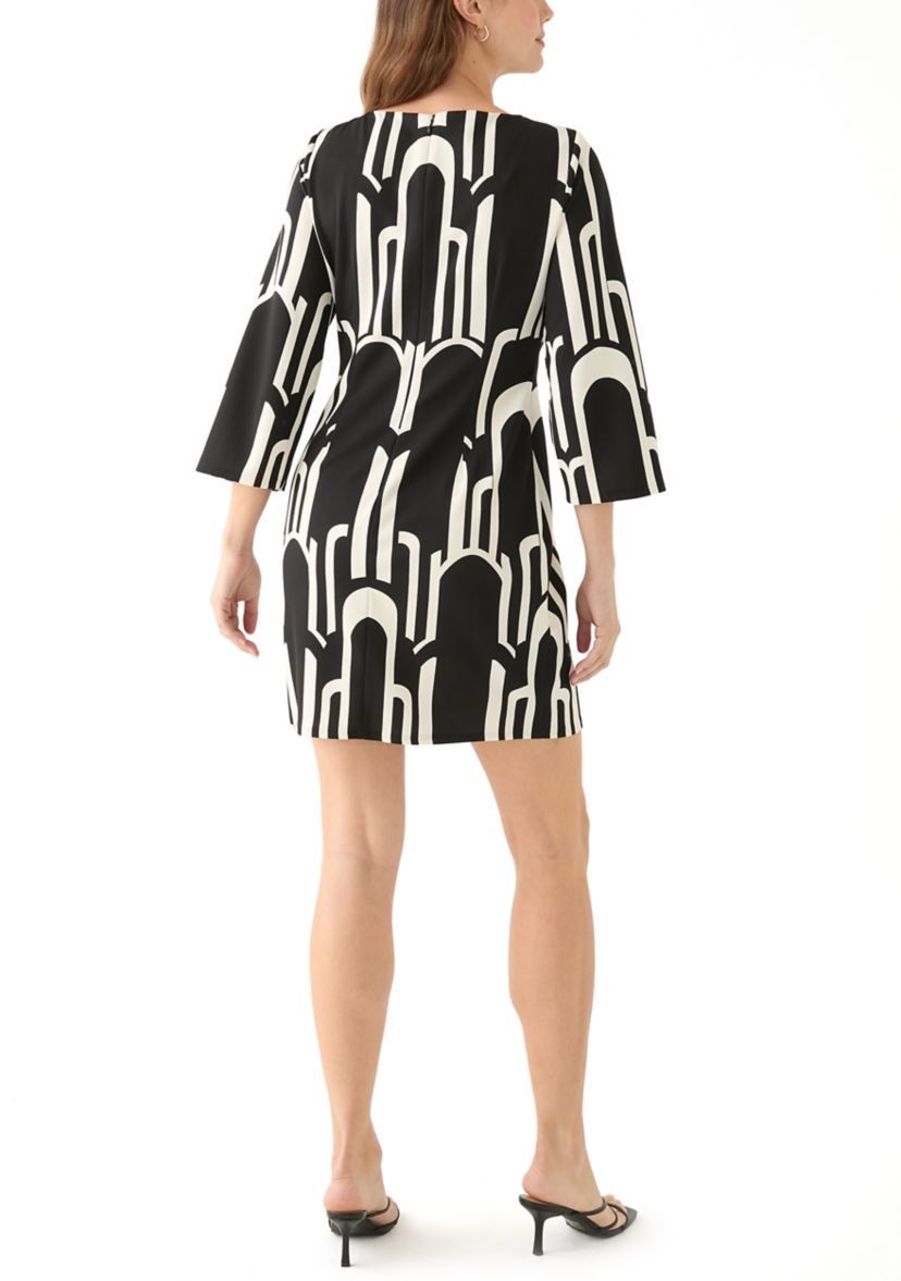 Womens 3/4 Sleeve Crew Neck Printed Satin Fit and Flare Dress