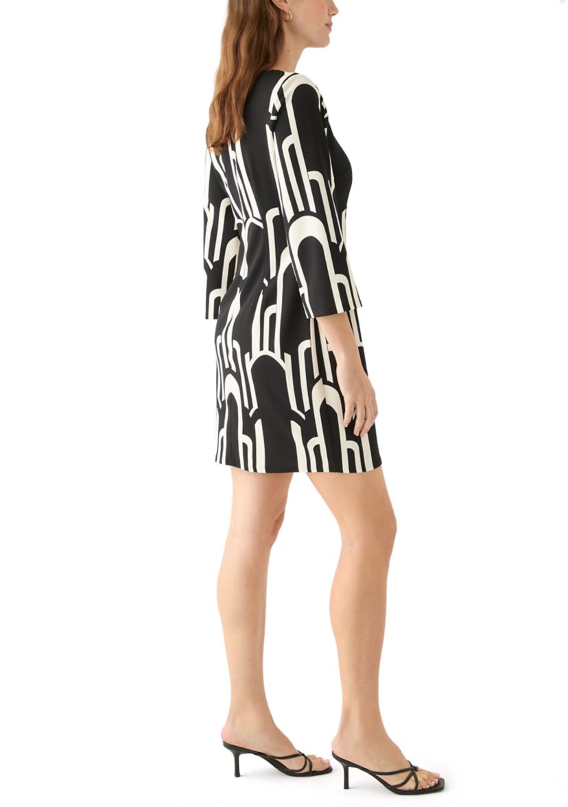 Womens 3/4 Sleeve Crew Neck Printed Satin Fit and Flare Dress