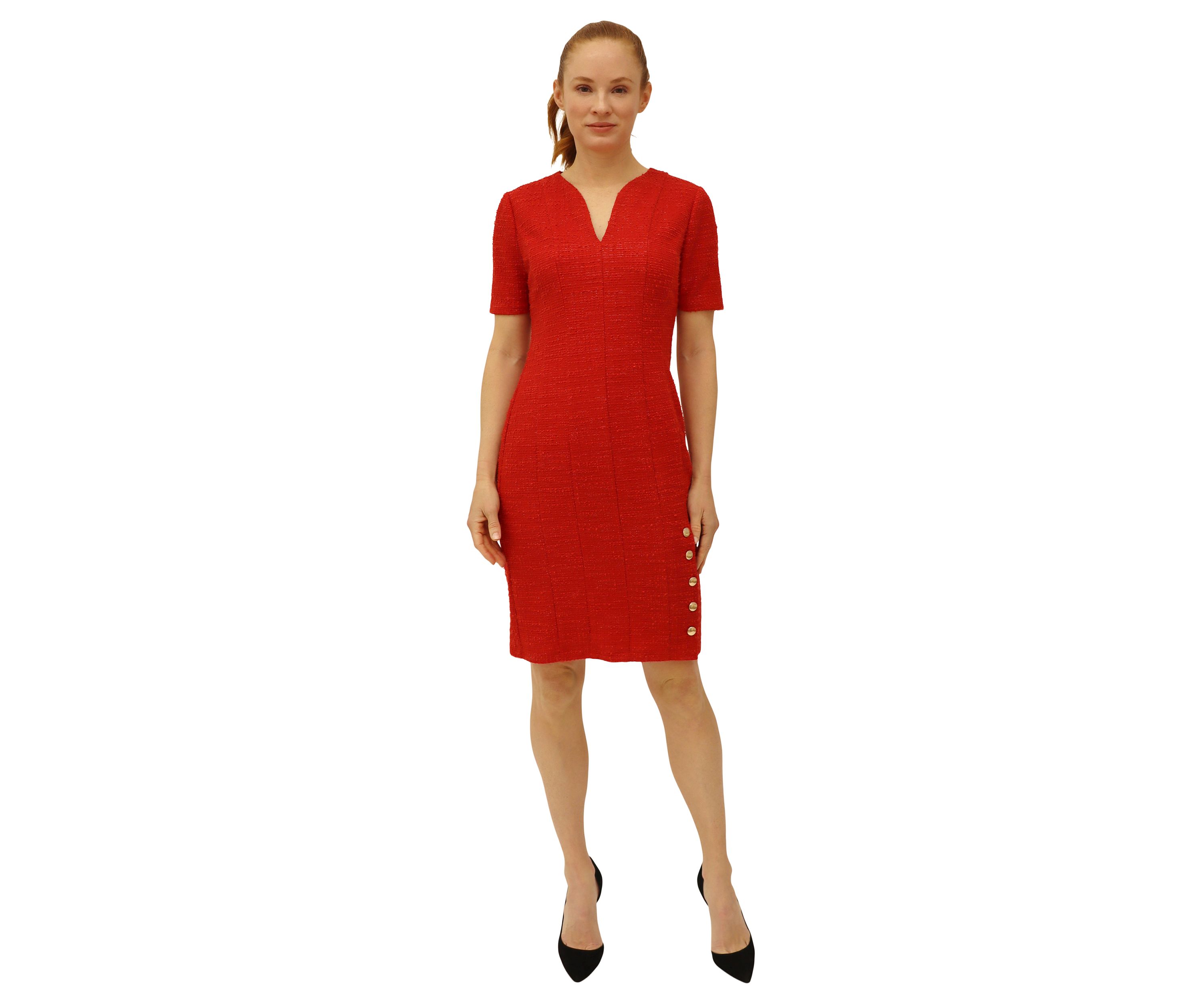 Womens Solid V-Neck Bouclé Sheath Dress
