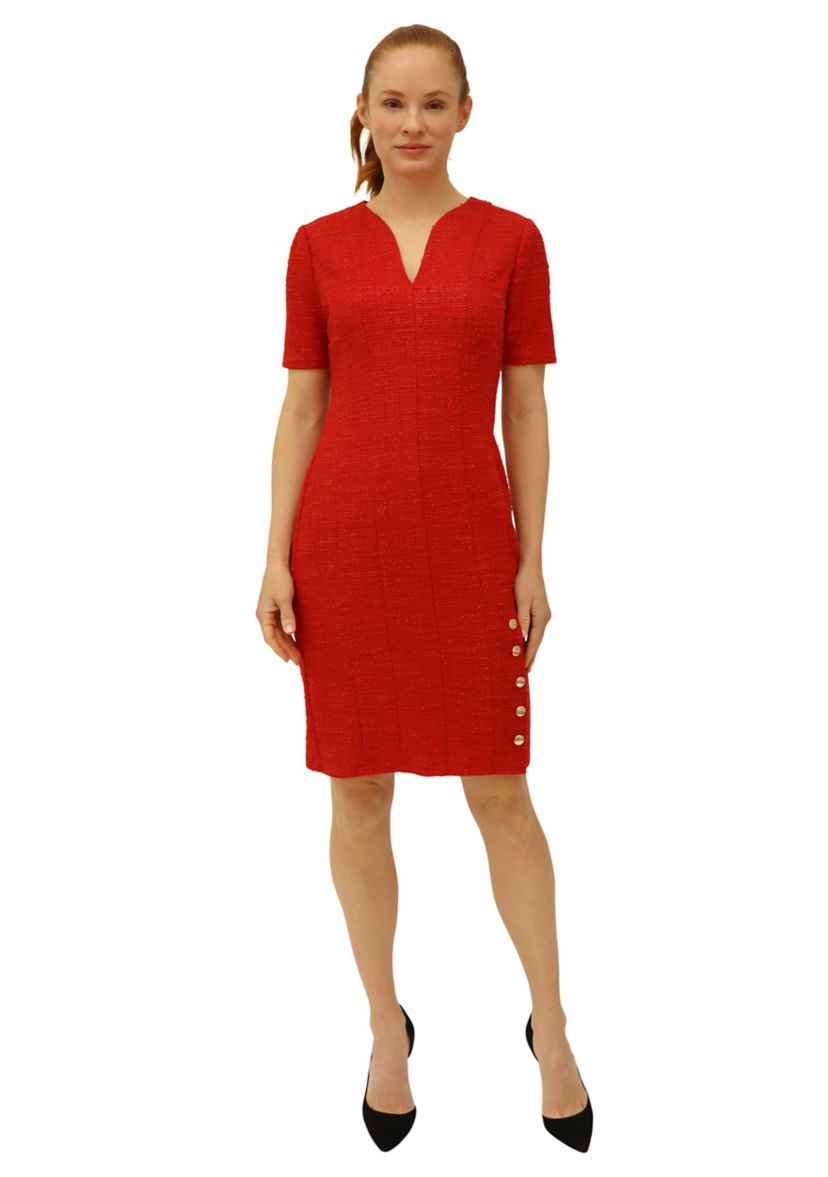 Womens Solid V-Neck Bouclé Sheath Dress