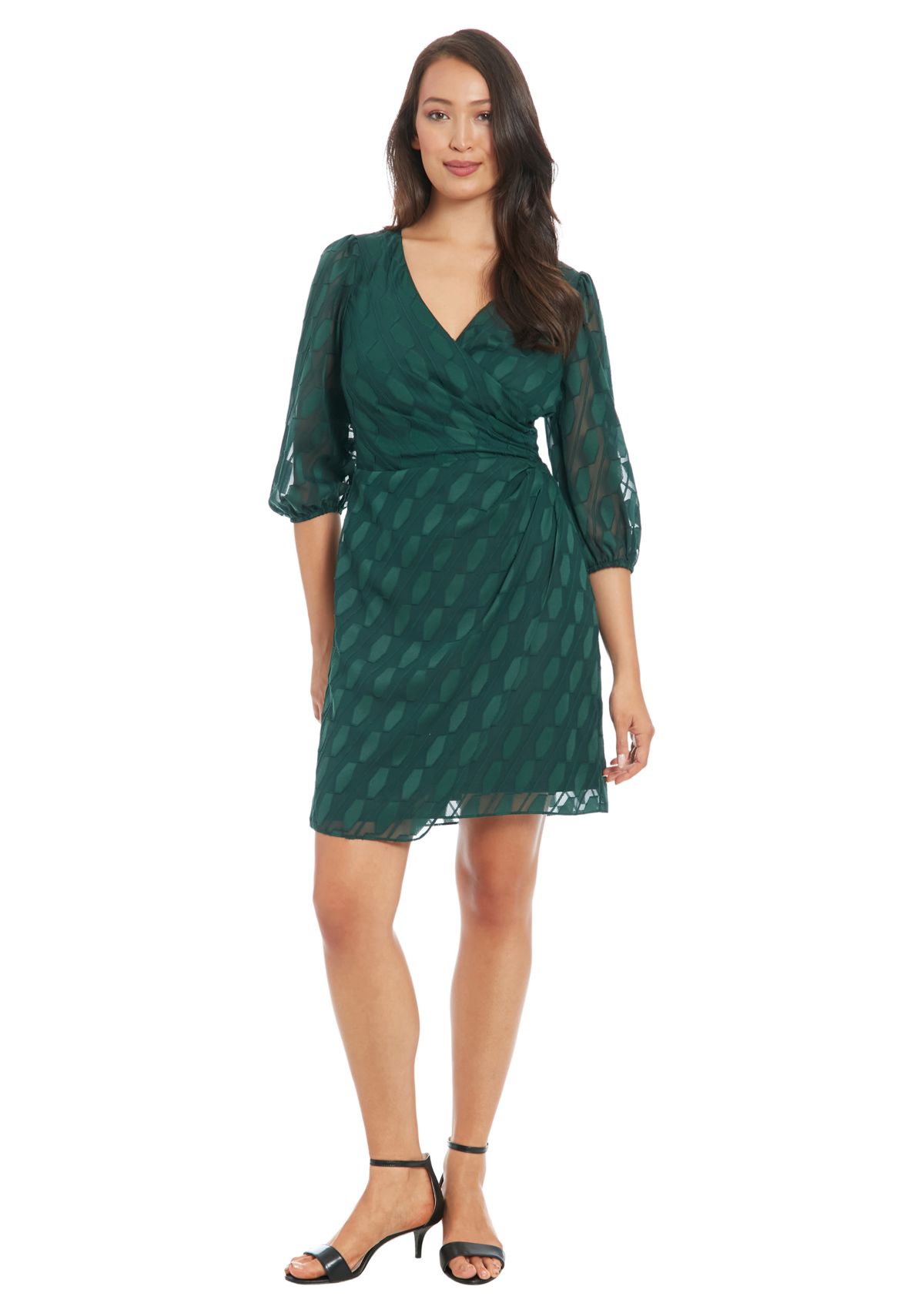 Womens 3/4 Sleeve V-Neck Solid Chiffon Fit and Flare Dress