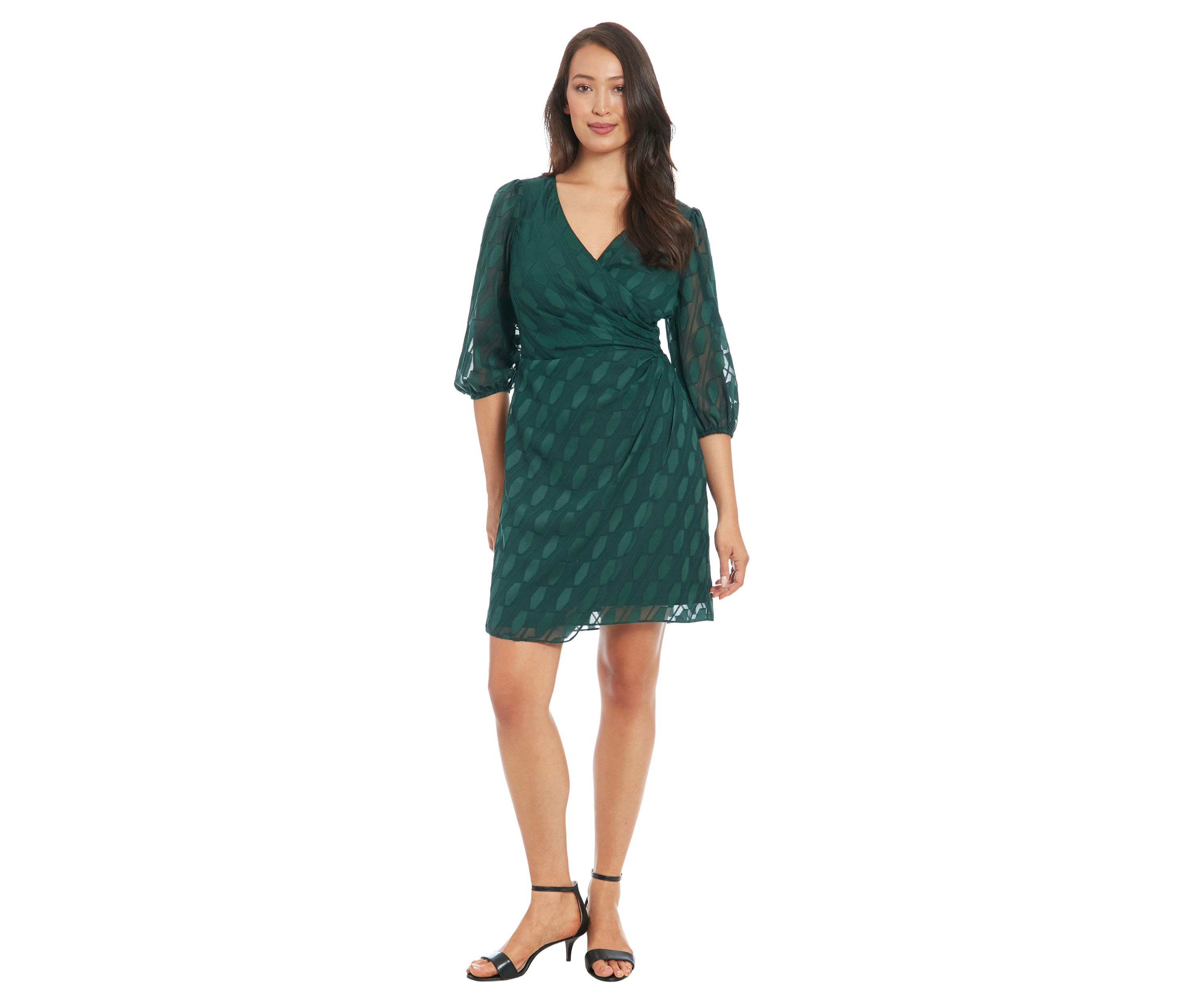 Womens 3/4 Sleeve V-Neck Solid Chiffon Fit and Flare Dress