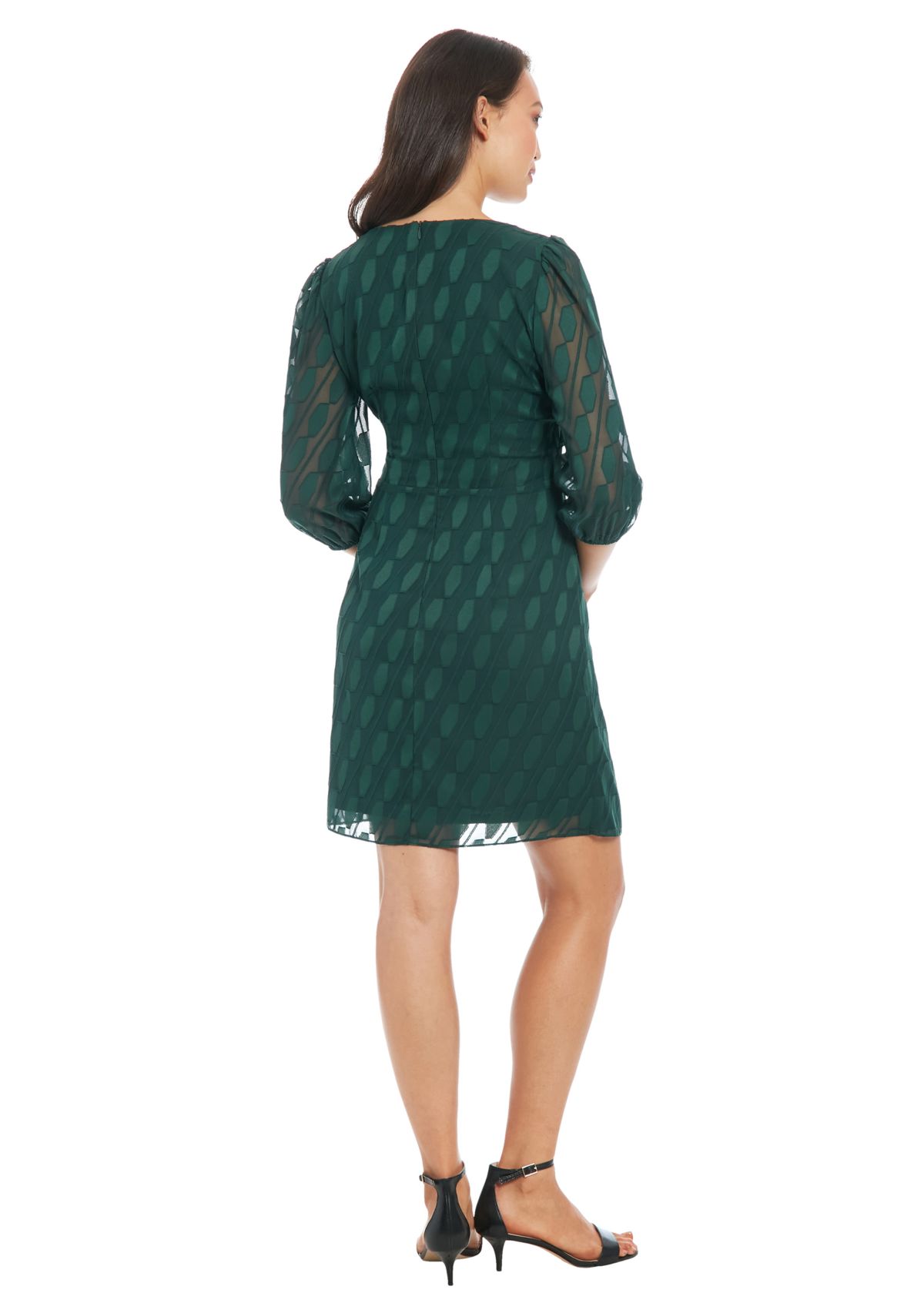 Womens 3/4 Sleeve V-Neck Solid Chiffon Fit and Flare Dress