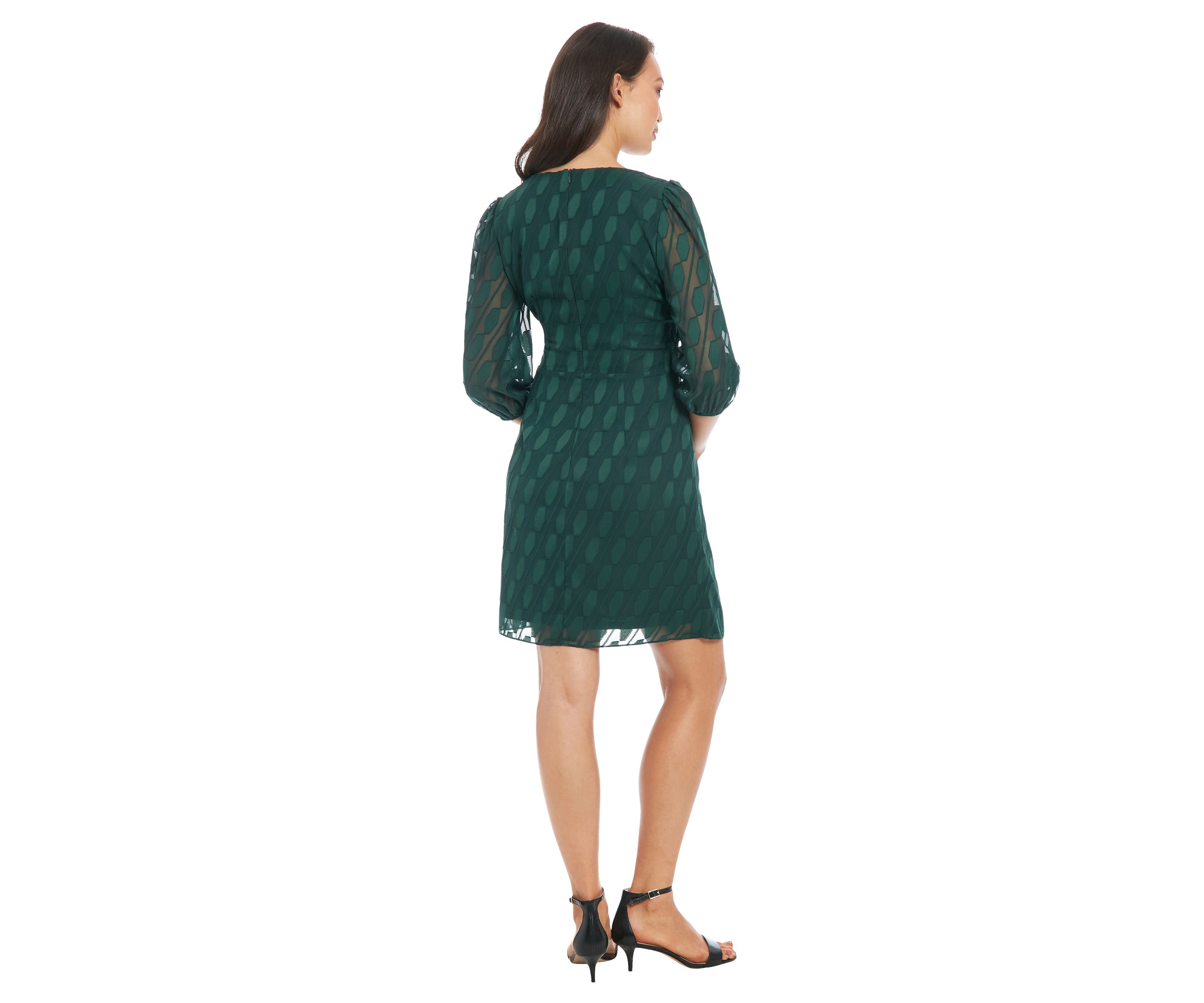 Womens 3/4 Sleeve V-Neck Solid Chiffon Fit and Flare Dress