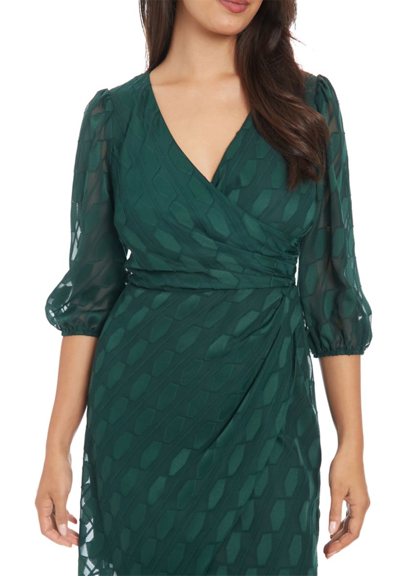 Womens 3/4 Sleeve V-Neck Solid Chiffon Fit and Flare Dress