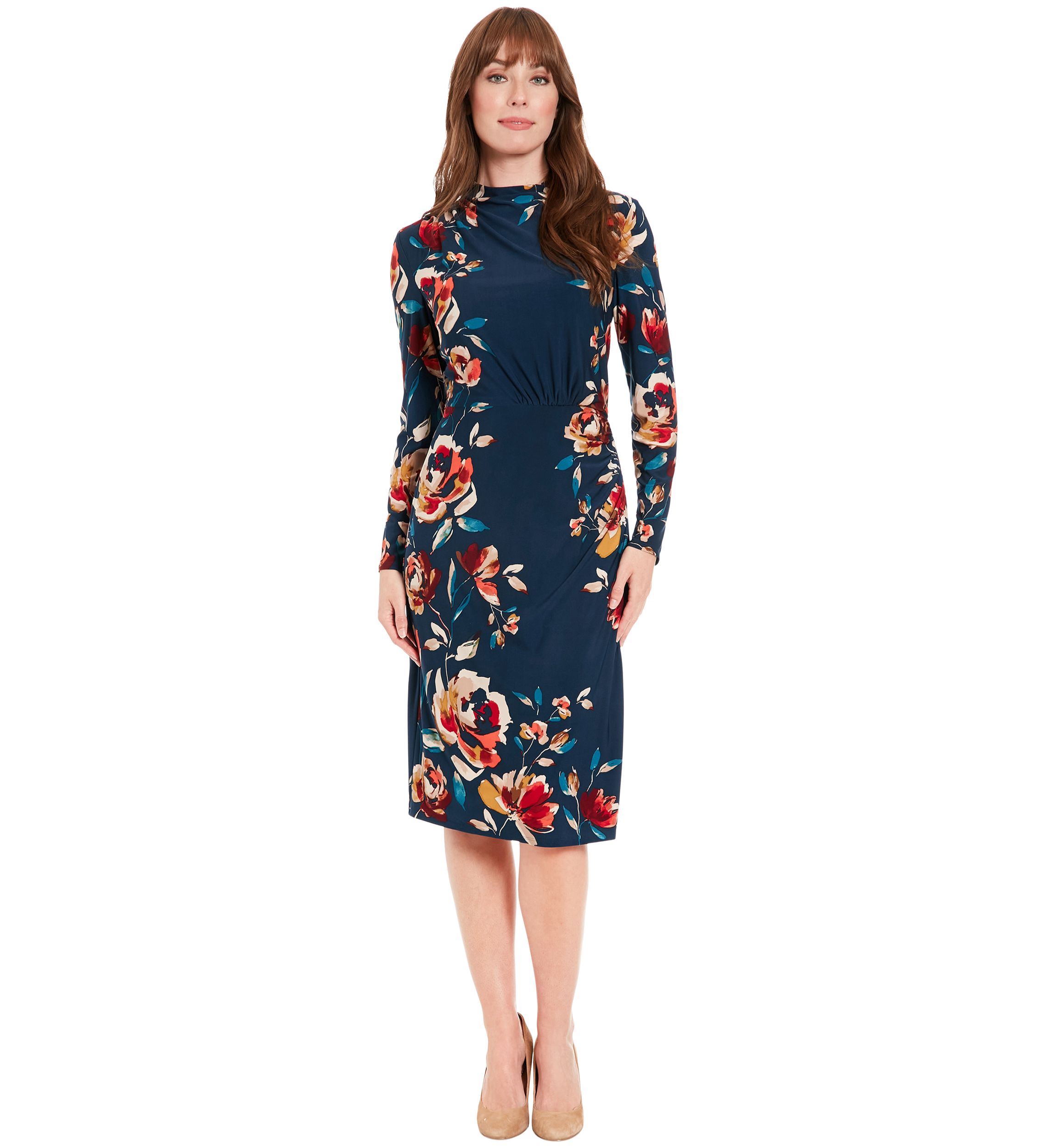 Womens Printed Mock Neck Sheath Dress