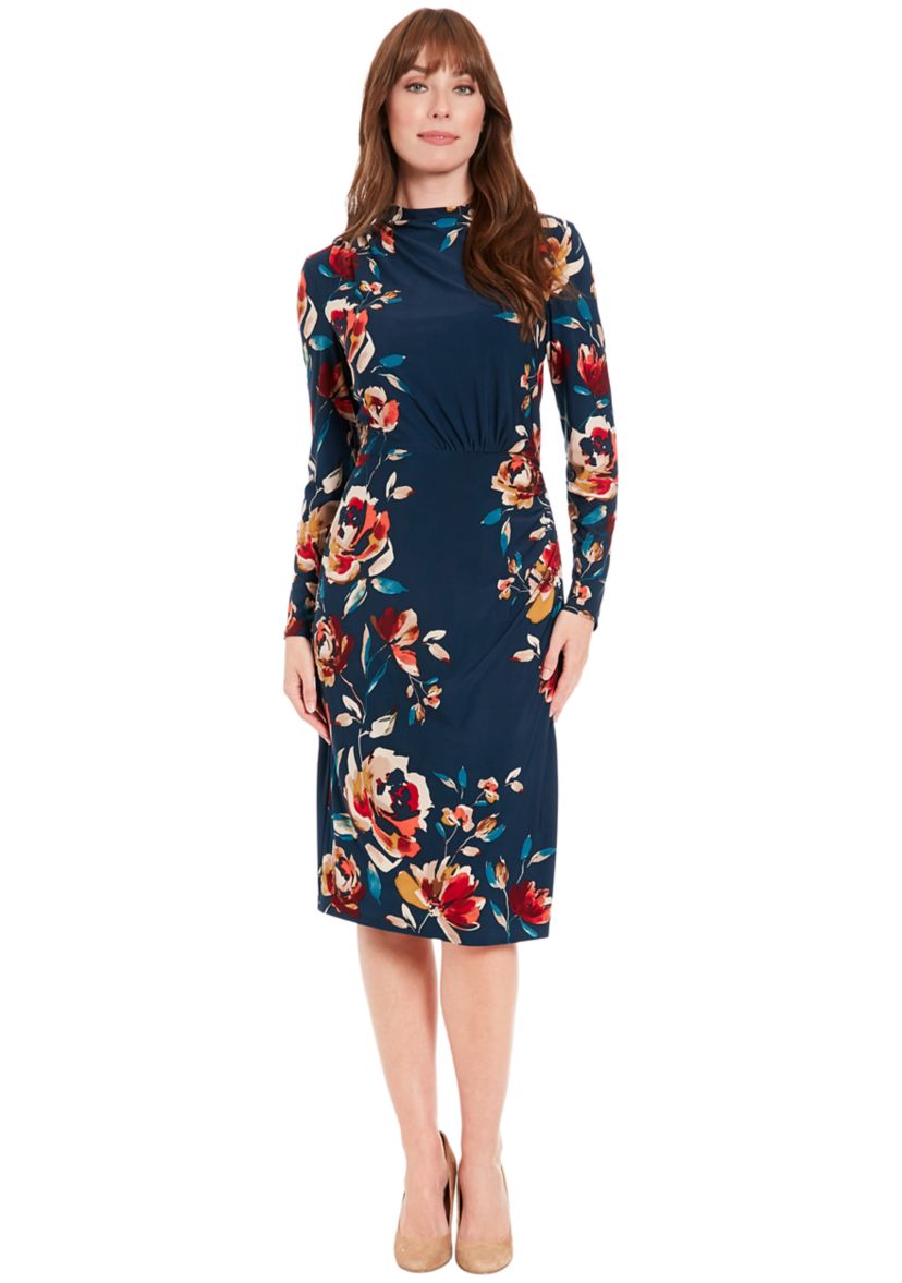 Womens Printed Mock Neck Sheath Dress