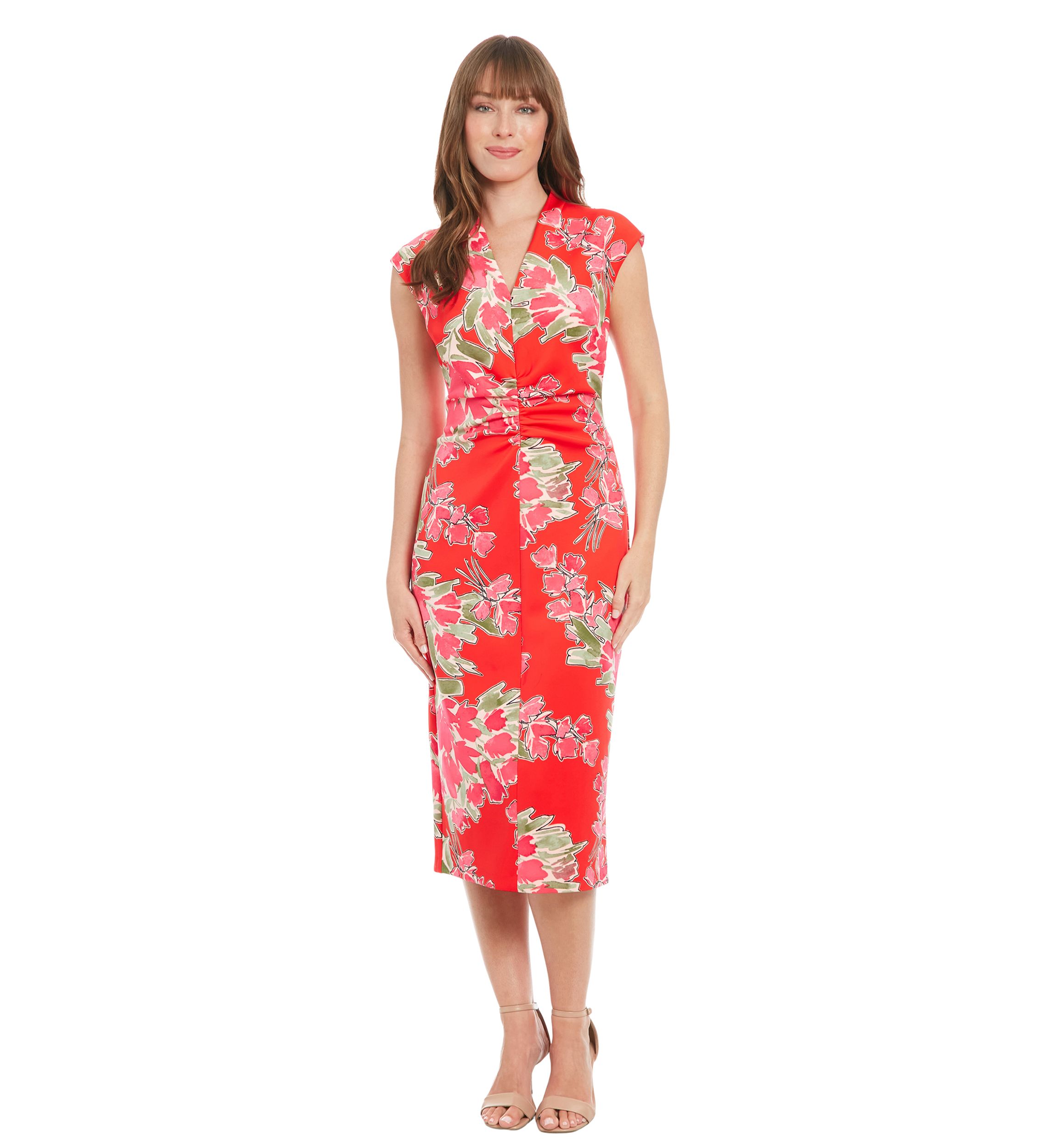 Womens Techno Scuba Printed Extended Shoulder V-Neck Ruched Midi Dress