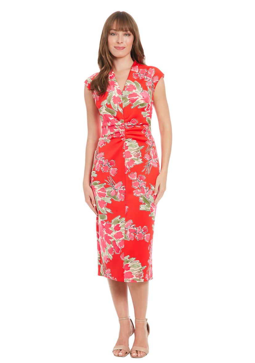 Womens Techno Scuba Printed Extended Shoulder V-Neck Ruched Midi Dress
