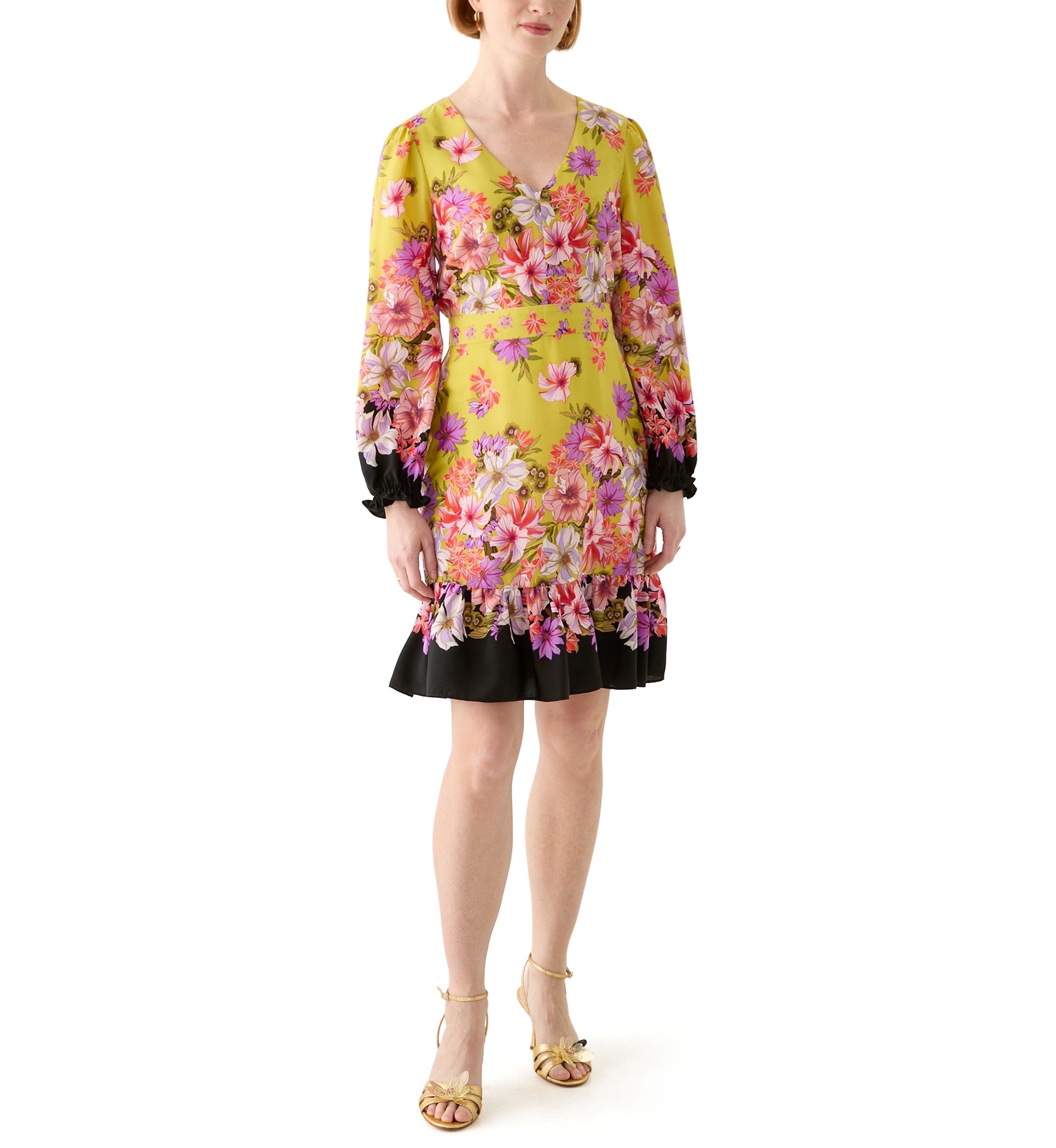 Womens Summer Printed Bishop Sleeve V-Neck Mini Dress with Ruffle Hem