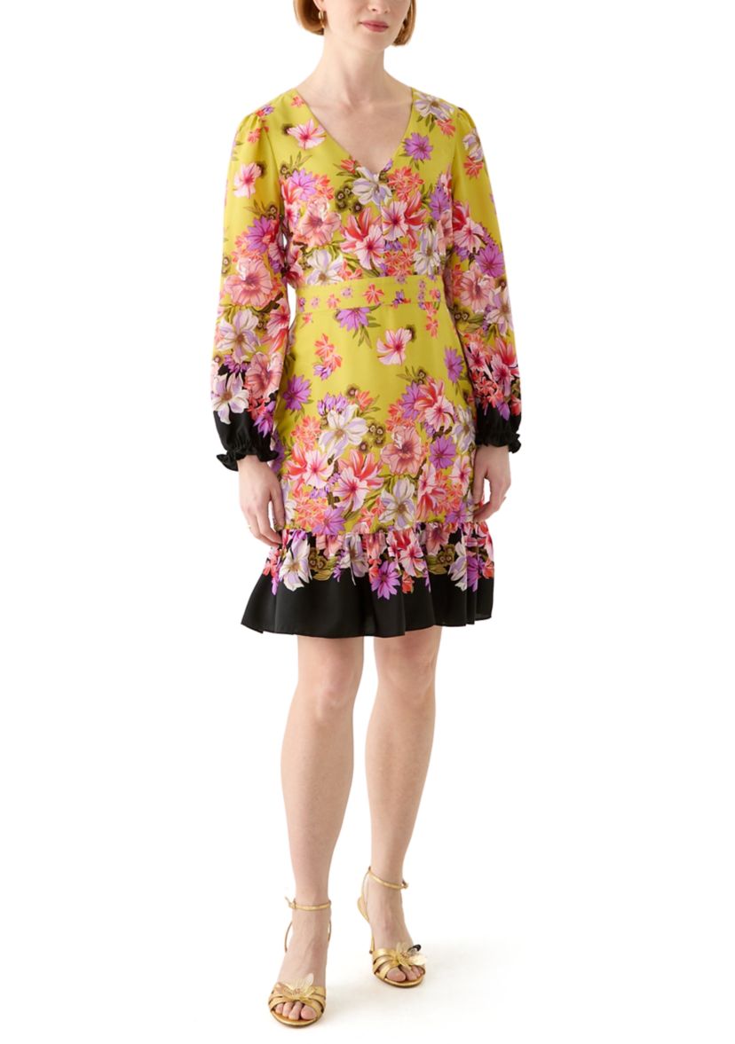 Womens Summer Printed Bishop Sleeve V-Neck Mini Dress with Ruffle Hem