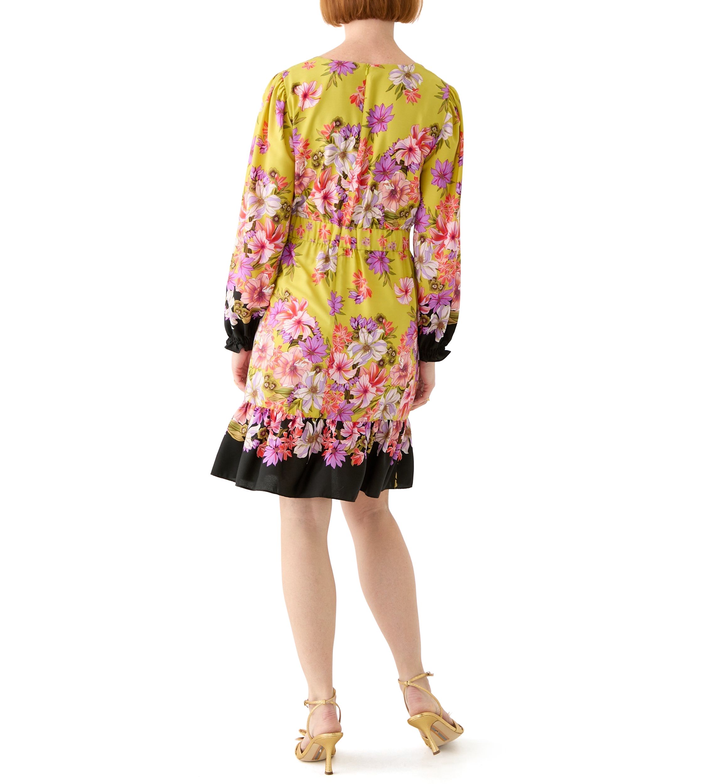 Womens Summer Printed Bishop Sleeve V-Neck Mini Dress with Ruffle Hem
