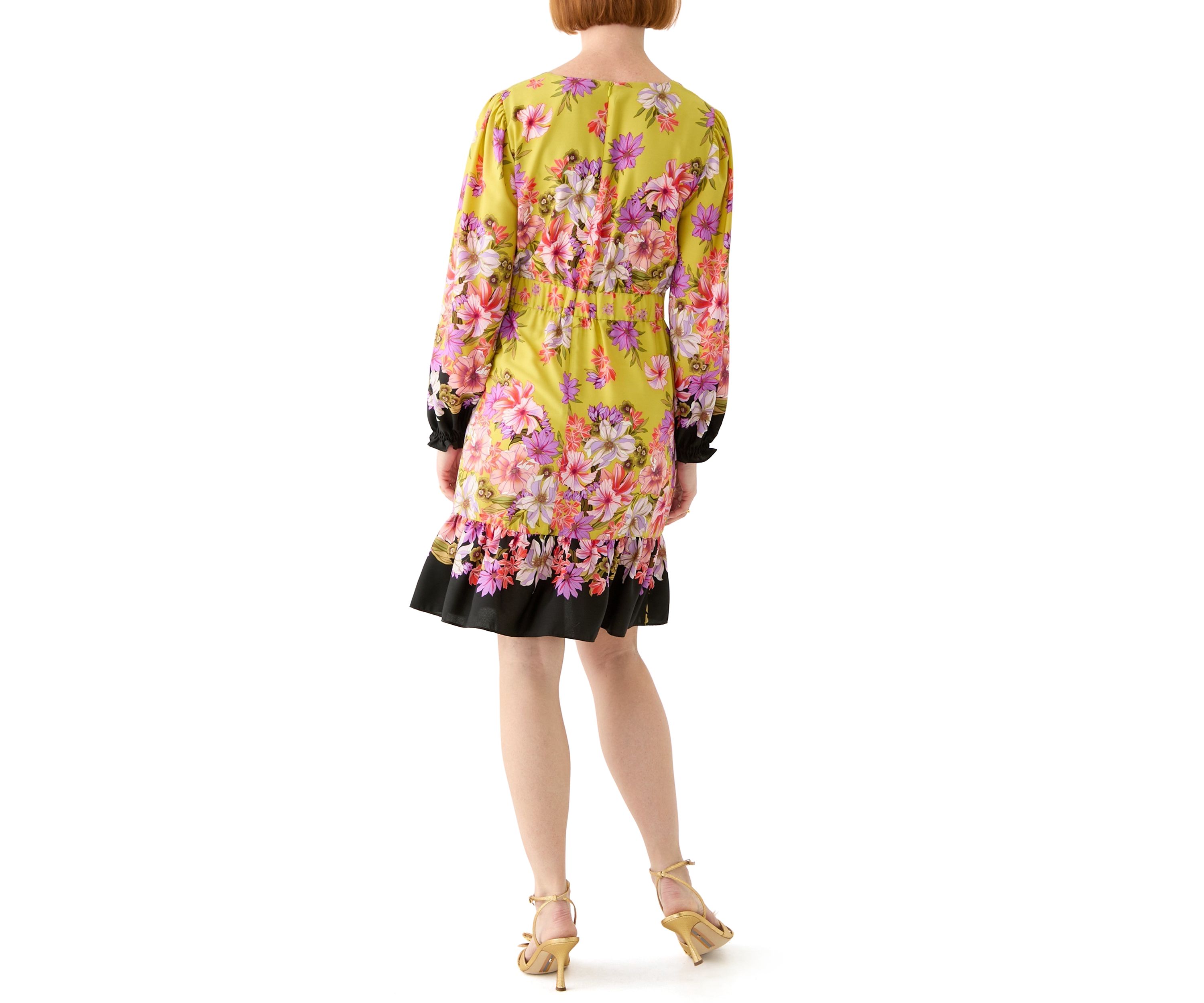 Womens Summer Printed Bishop Sleeve V-Neck Mini Dress with Ruffle Hem